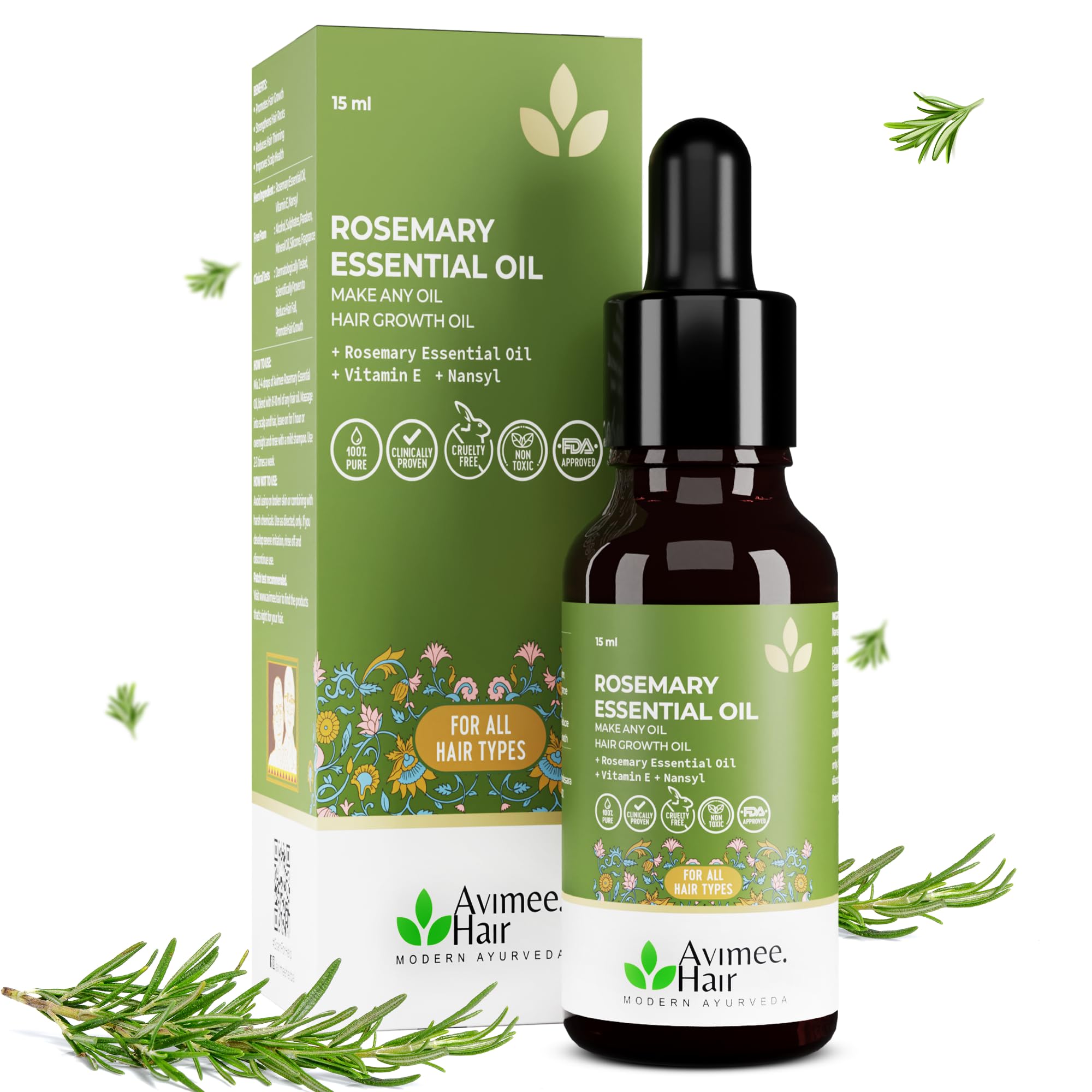 Avimee Herbal Rosemary Essential Hair Oil with Vit E & Nansyl | For Hair Growth & Hair Fall Control, Now Make Any Oil Hair Growth Oil | Clinically Tested Efficacy | 15ml