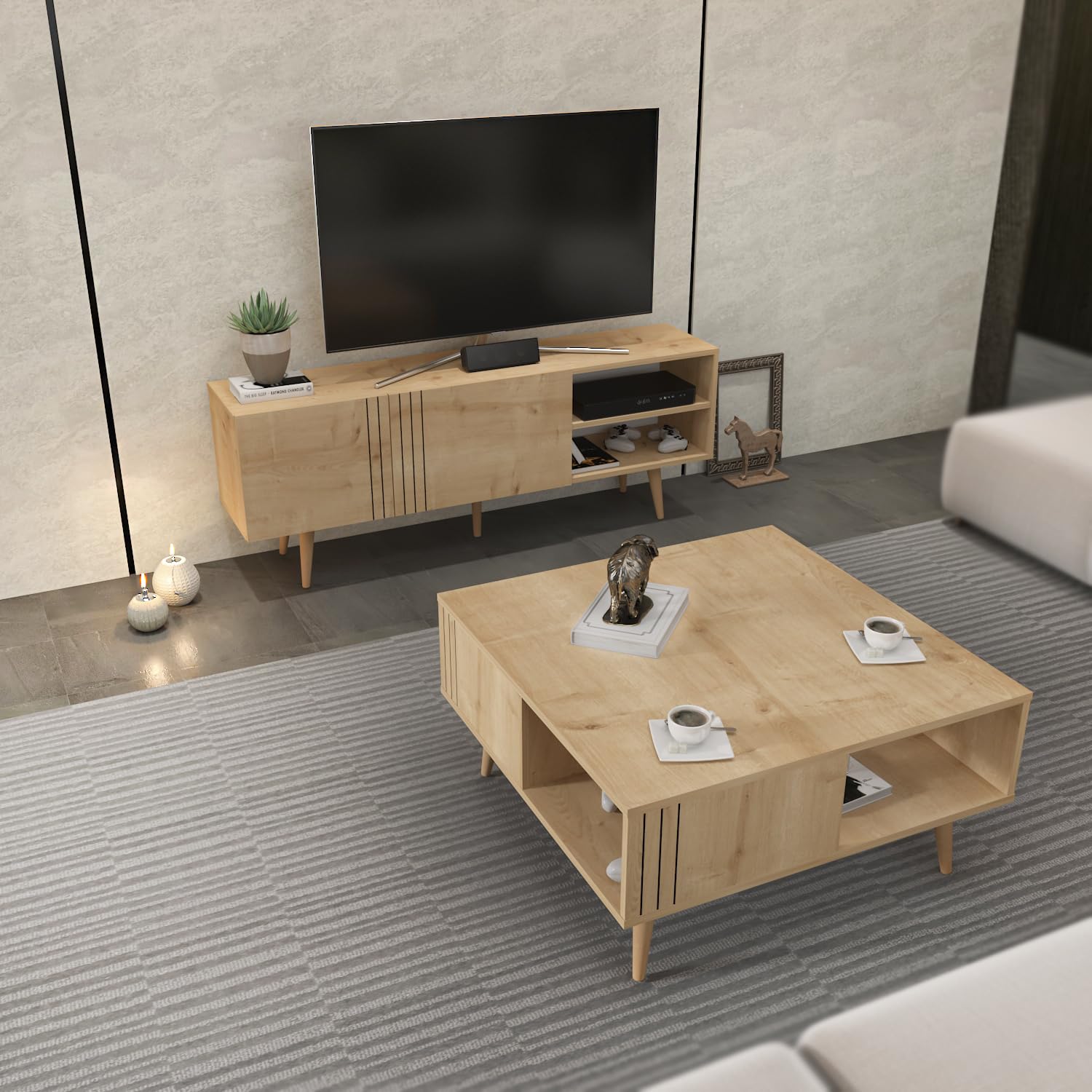 DecorotikaRonas Modern Living Room Set with Wood TV Stand and Wood Coffee Table (Oak)