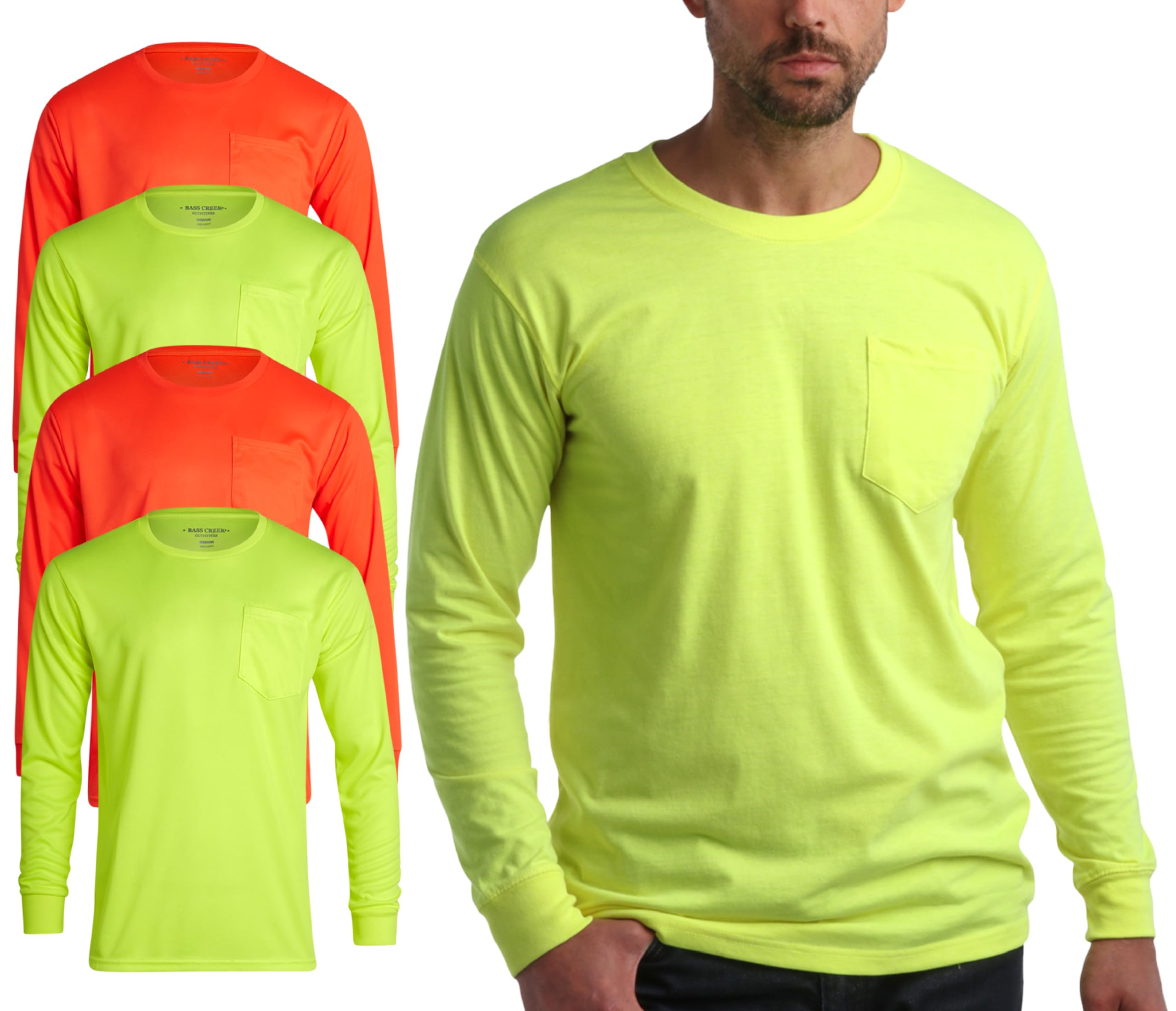 Bass Creek OutfittersHigh Visibility Shirt - 4 Pack Long Sleeve Hi Vis Shirts for Men - Construction Safety Shirts (M-XXXL)