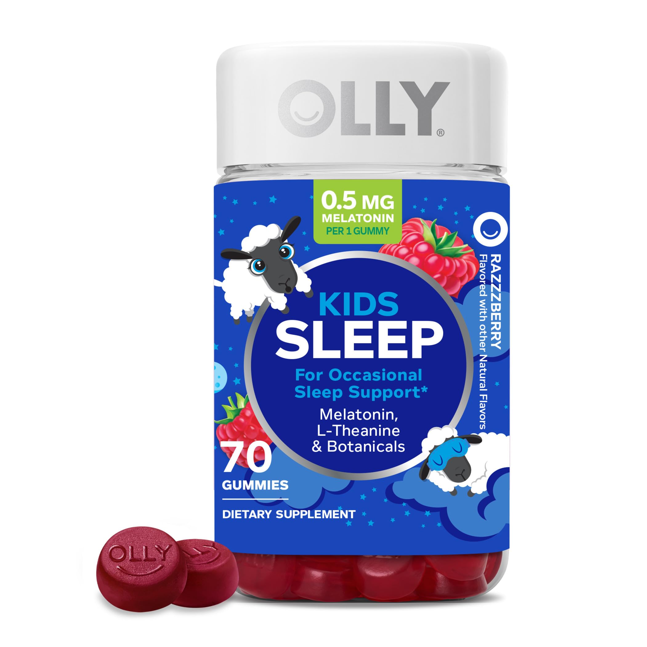 OLLYKids Sleep Gummies, 0.5mg Melatonin, L Theanine, Chamomile, and Lemon Balm, Fall Asleep Faster, Raspberry - 70 Count