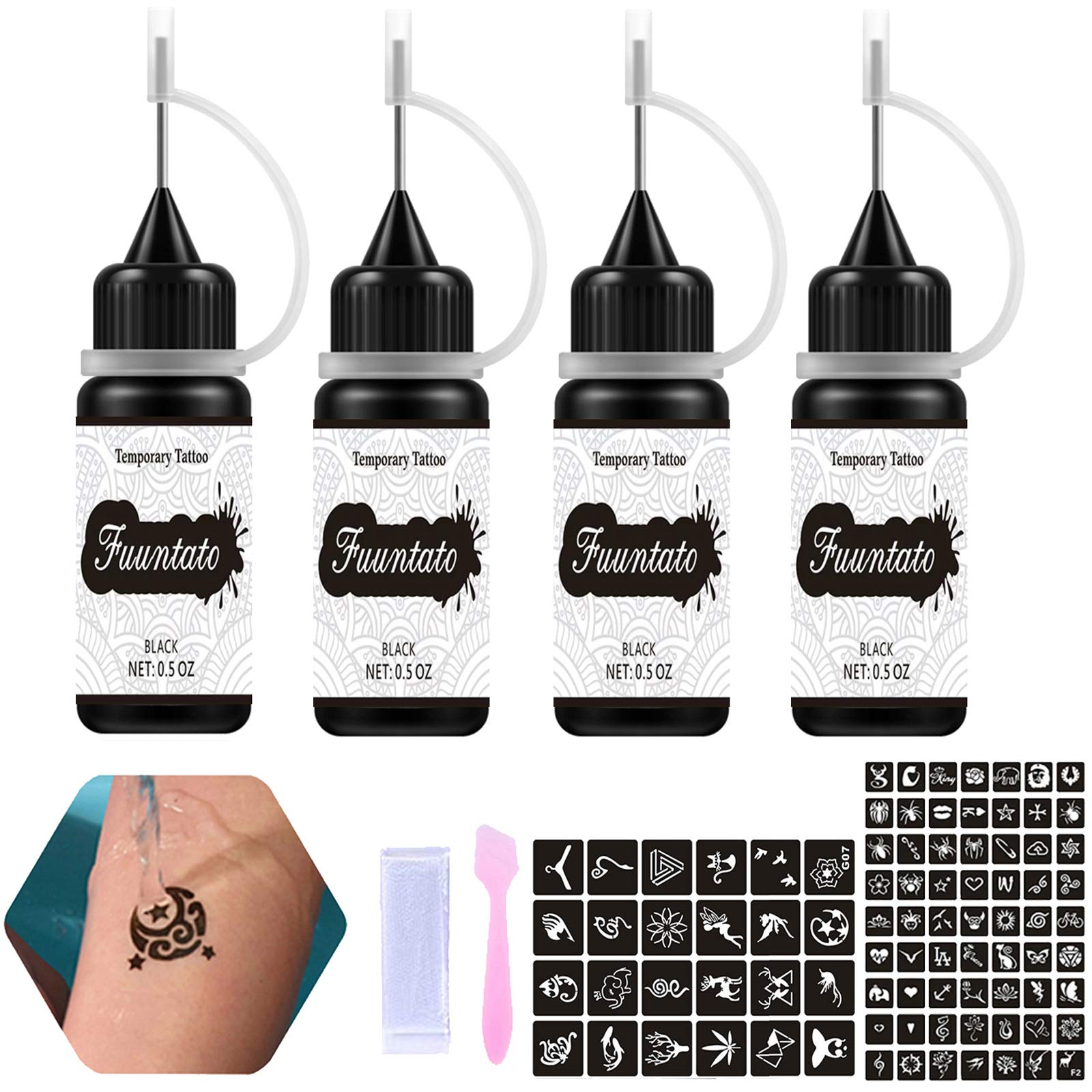 FUUNTATO (4 BLACK) - FRONTON Temporary Tattoos Kit, Permanent Tattoo Freehand Gel/Ink 80 Pcs Free Stencils,DIY Tattoos Fake Freckles, Full Kit 4 Bottles