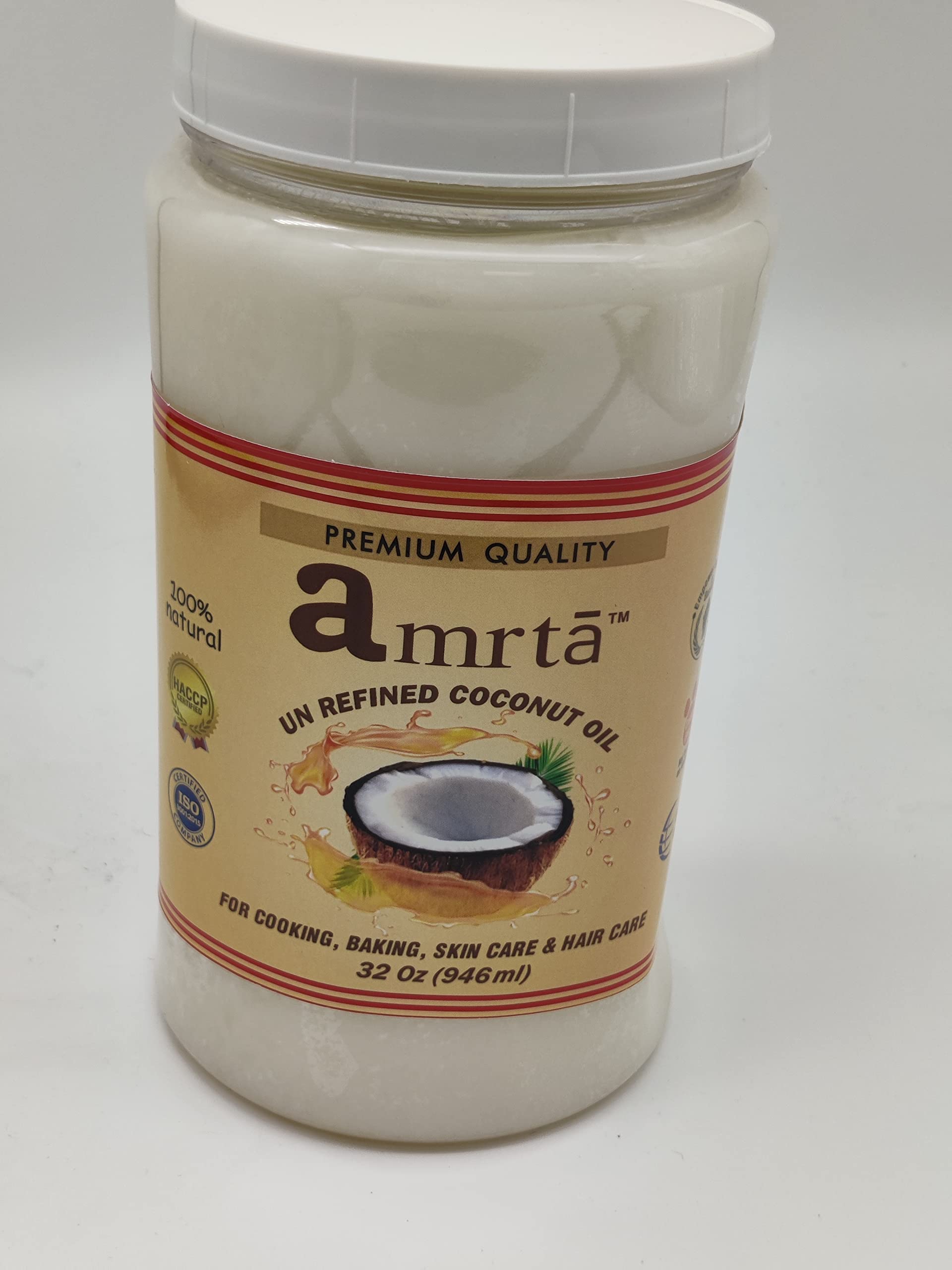 Amrta Un Refined Unrefined Coconut Oil - 32 oz - For Cooking, Baking, Skin Care and Hair Care- %100 natural - Cruelty Free - Vegan