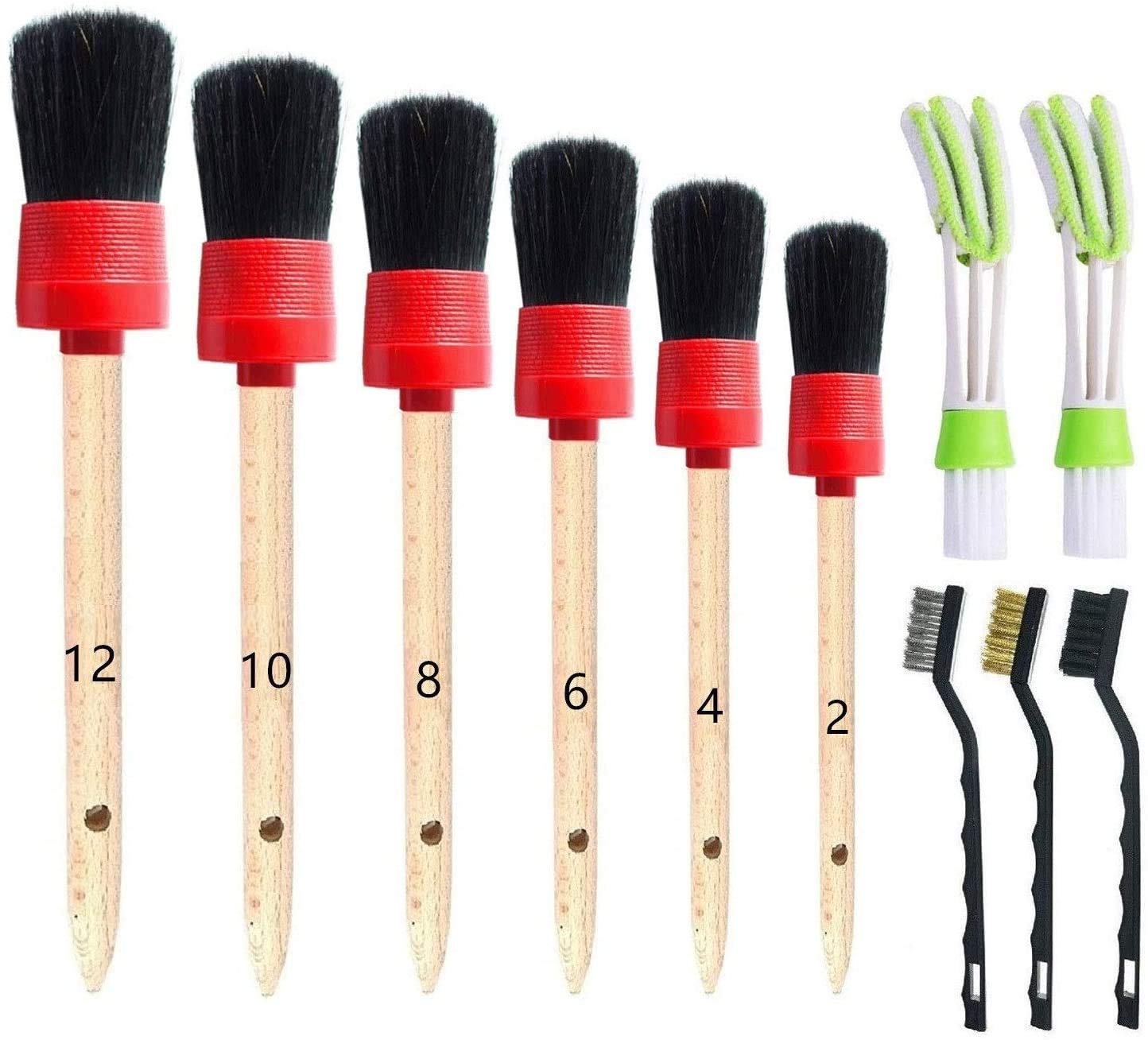 11Pcs Auto Detailing Set, Boar Hair Brushes, Steel Wire & A/C Brushes, Red, Soft Bristles, Wood Handles for Cleaning Interior, Exterior, Leather, 6 Sizes