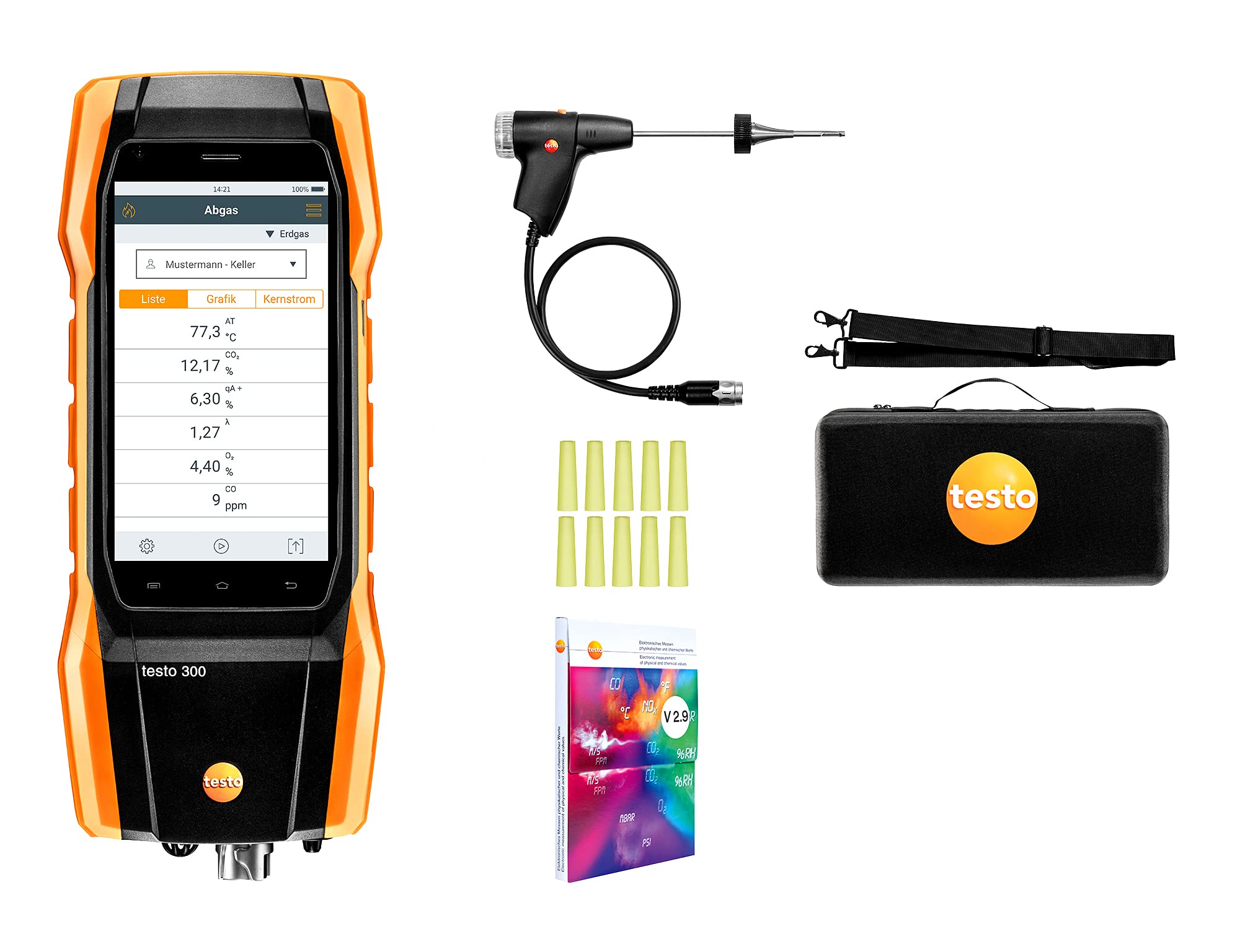 testo 300 I Residential and Commercial Combustion Analyzer Kit with optional bluetooth printer I CO Meter for flue gas, draft, differential pressure and ambient CO levels of heating systems