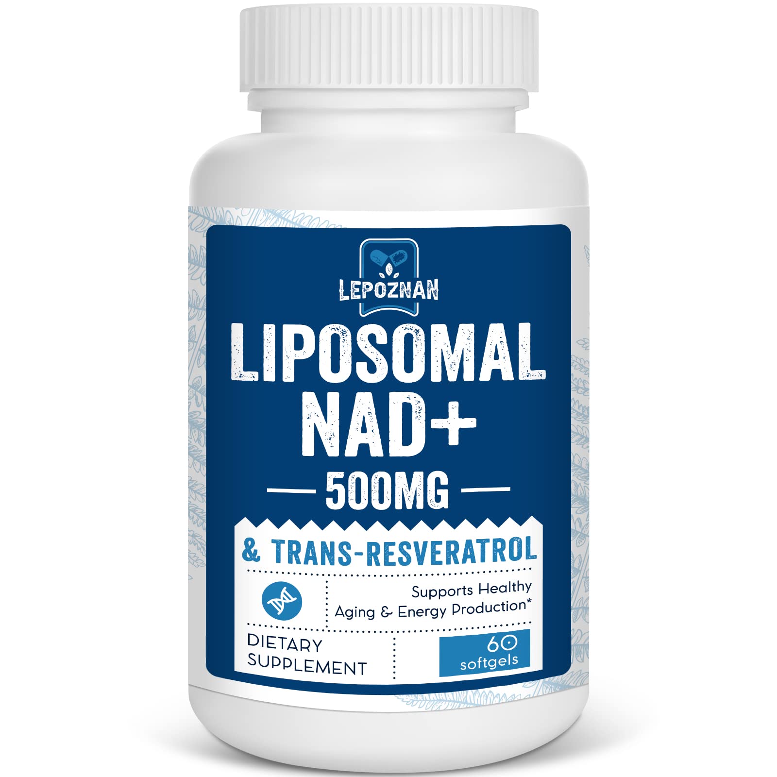 Liposomal NAD+ 500 mg + Trans-Resveratrol 300 mg, Superior Absorption True NAD Supplement Efficient for Cellular Energy Metabolism & DNA Repair, 60 Softgels