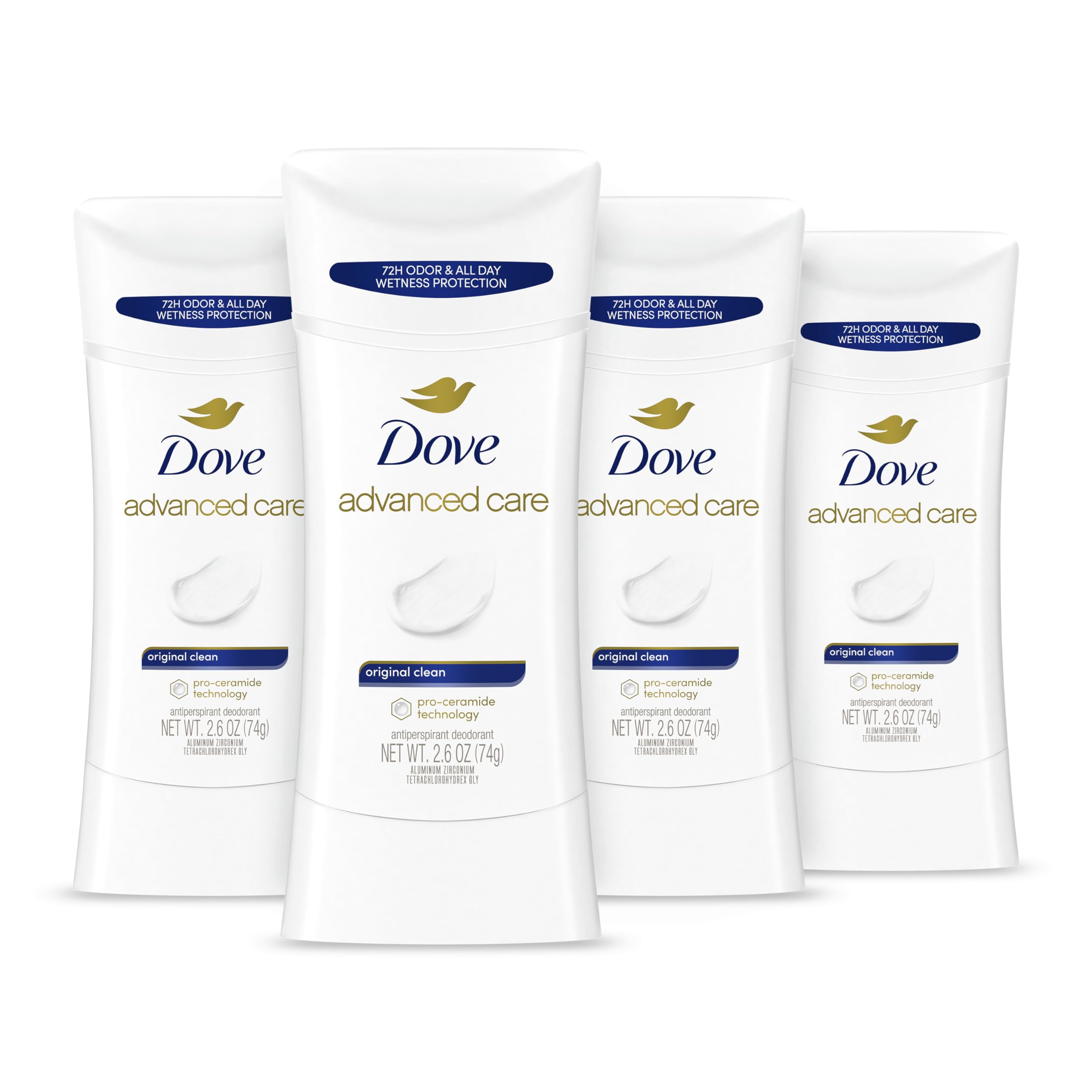 Dove Advanced Care Antiperspirant Deodorant Stick Original Clean 4 Count For helping skin barrier repair after shaving by boosting ceramide levels in your skin 2.6 oz