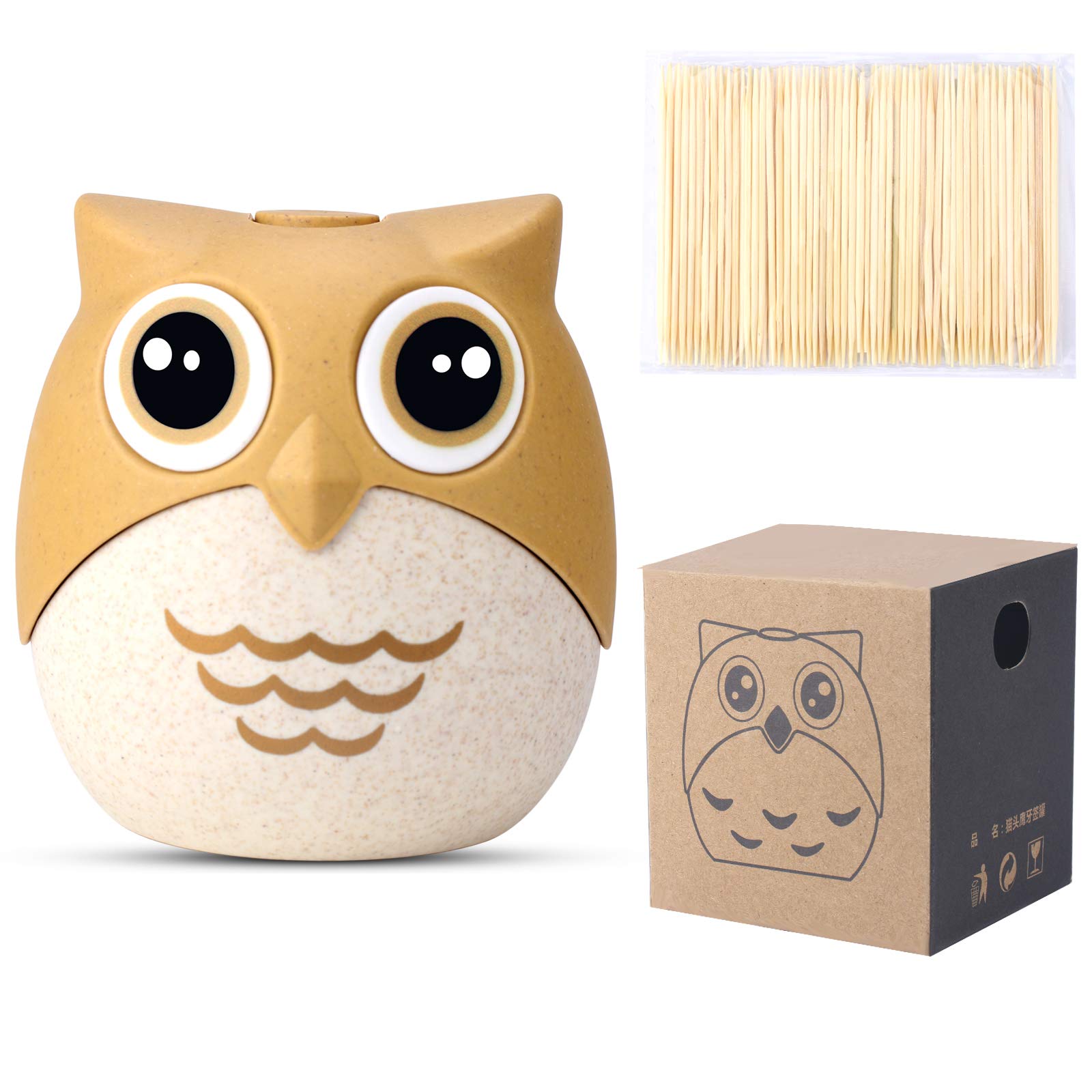 Cute Toothpick Holder Dispenser with 100 Natural Bamboo Toothpicks, Awsaccy Portable Plastic Funny Decorative Toothpick Container Storage Box for Kitchen Restaurant Party Car, Unique Gift Idea (Owl)