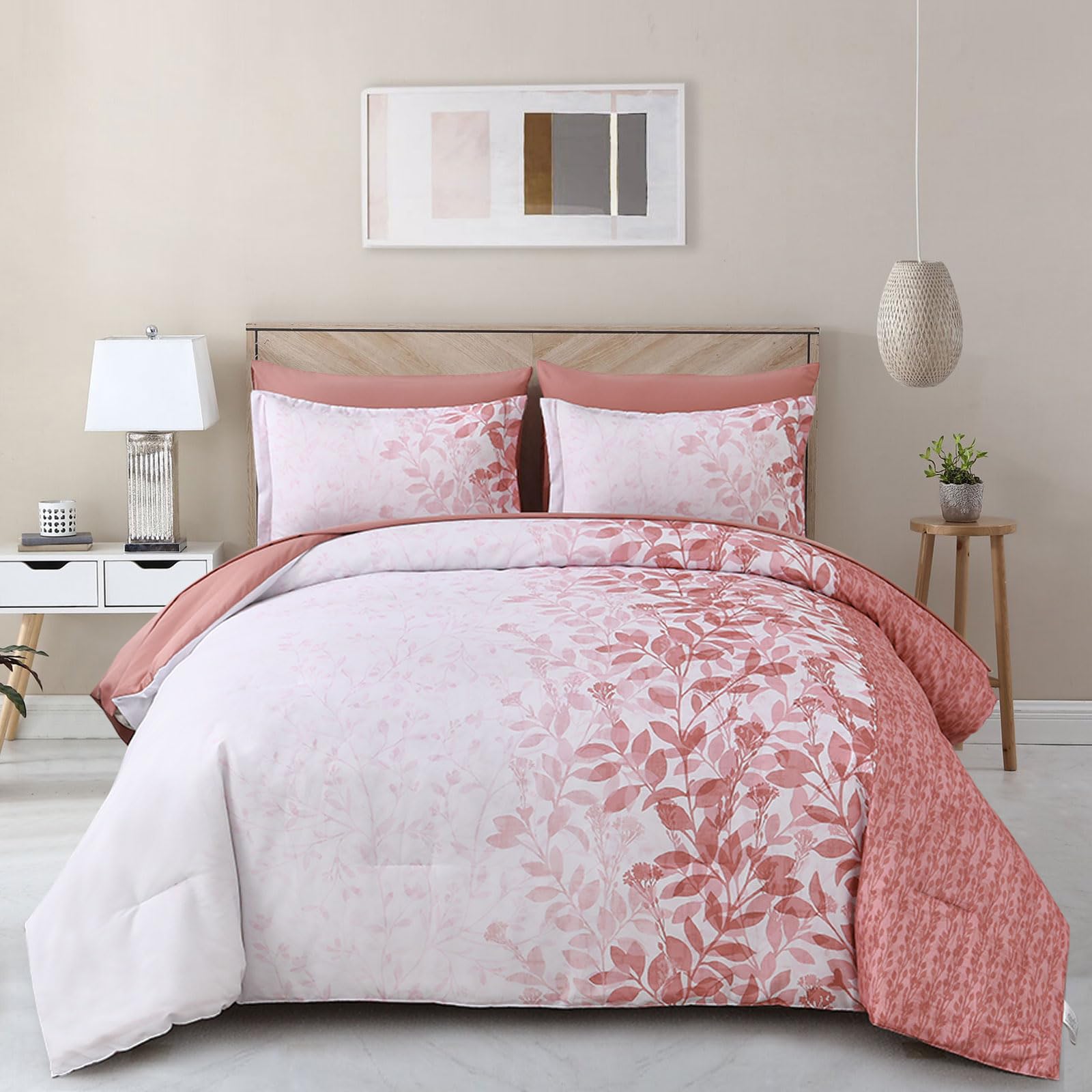 Dobuyly Pink Queen Comforter Set Botanical Leaves Bed in a Bag Queen Size, 7 Pieces Women Girls Bedding Comforter Sets with Sheets, Soft Microfiber Floral Bedding Set for All Season