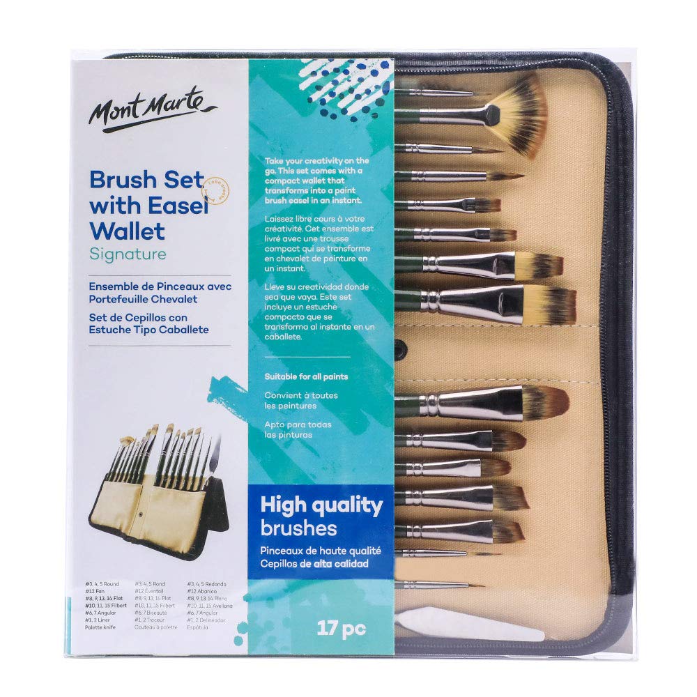 Mont Marte Signature Brush Set with Wallet, 17 Piece, Suitable for Oil, Acrylic, Watercolor and Gouache Paint, Easel Wallet Included