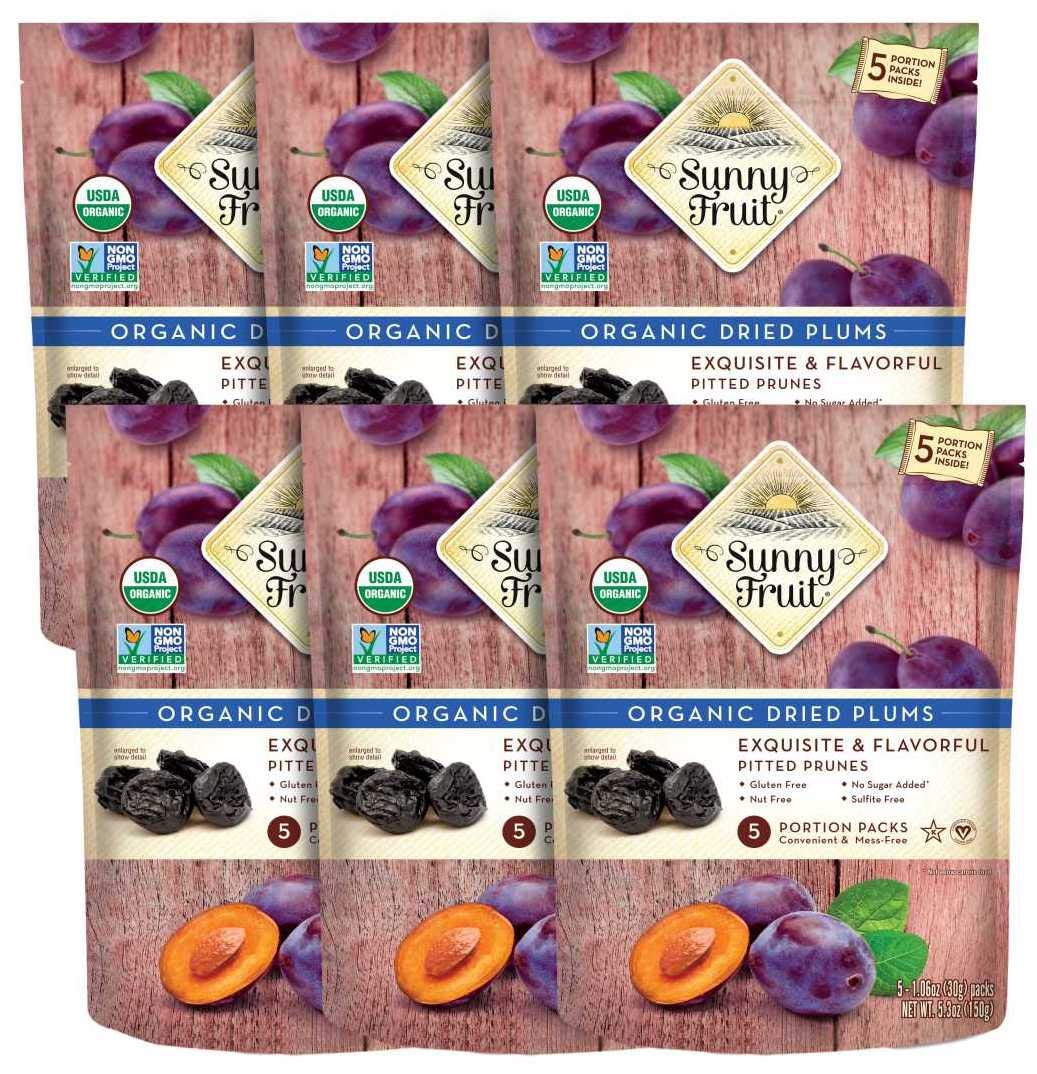 SUNNY FRUIT ORGANIC Prunes - - (6 Bags) - (5) 1.06oz Portion Packs per Bag | Purely Dried Plums - NO Added Sugars, Sulfurs or Preservatives | NON-GMO, VEGAN & HALAL