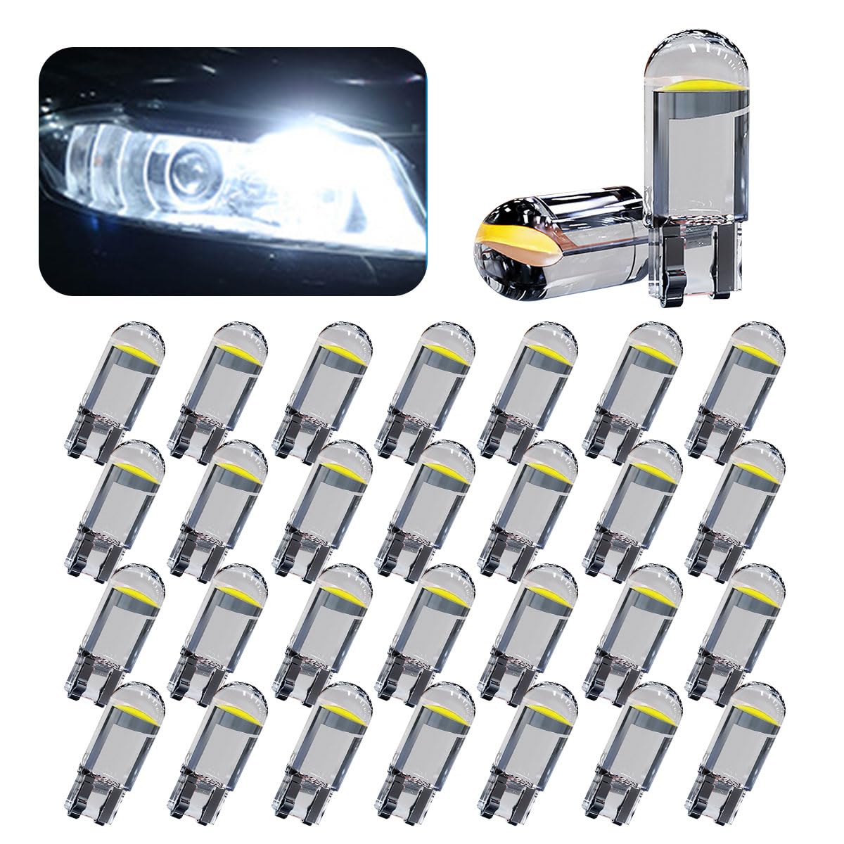 30Pack 194 Car LED Light Bulbs, 0.36W 12V T10 6000K Interior Lights, 168 2825 W5W Wedge COB LED Replacement Bulbs, Universal Dashboard Light, Dome Light, Sign Light, License Plate Light