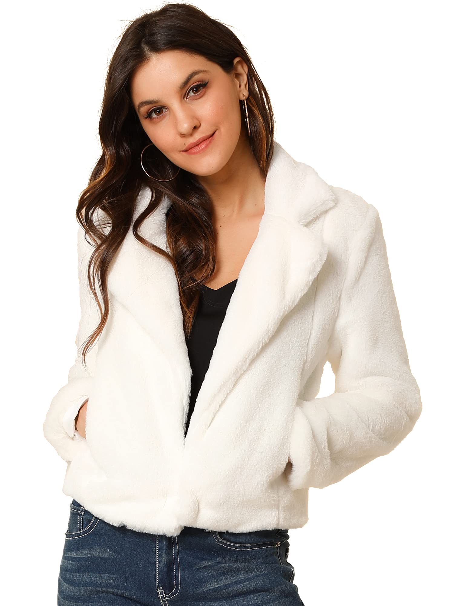 Allegra KWomen's Cropped Faux Fur Jacket Lapel Cardigan Shrug 2023 Winter Fluffy Faux Fur Coat