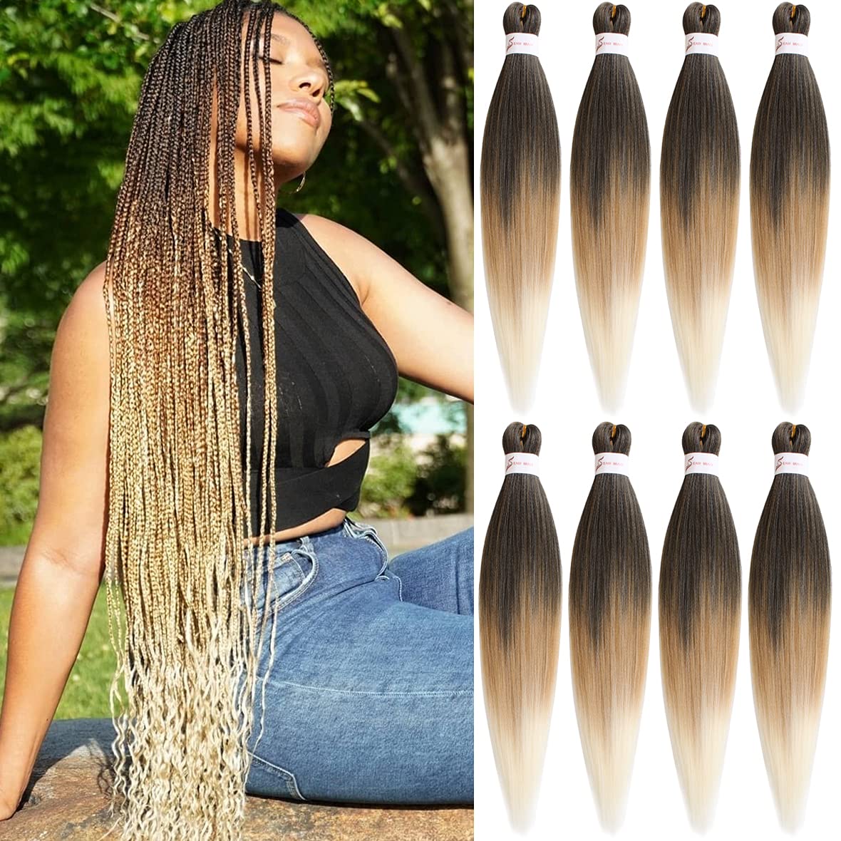 Leeven 8 Packs Pre Stretched Braiding Hair 26 Inch Yaki Texture Ombre Brading Hair Extensions for Box Braids Kanekalon Hair Fiber Crochet Hair Extensions for Braiding /26 Inch 1B/27/613#