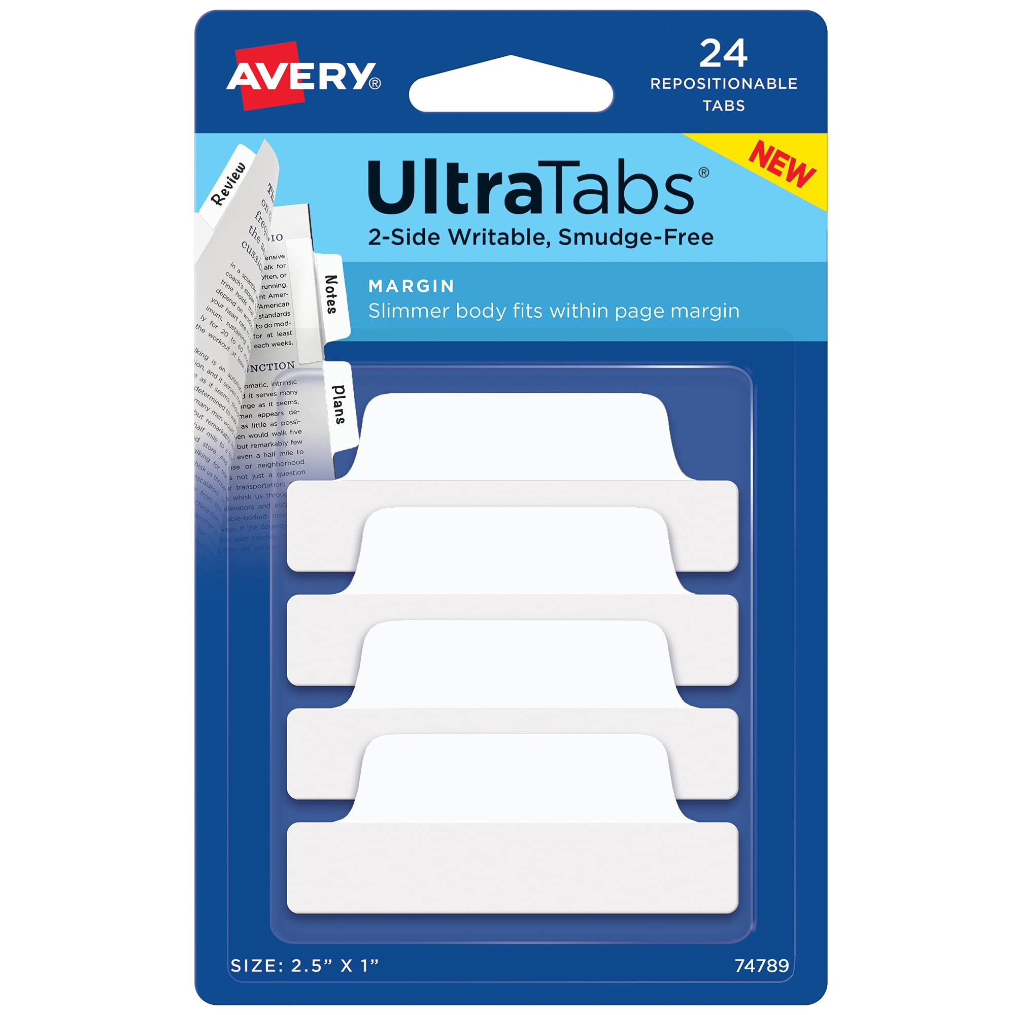 Avery Margin Ultra Tabs, 2.5" x 1", 2-Side Writable, White, 24 Repositionable Page Tabs (74789)