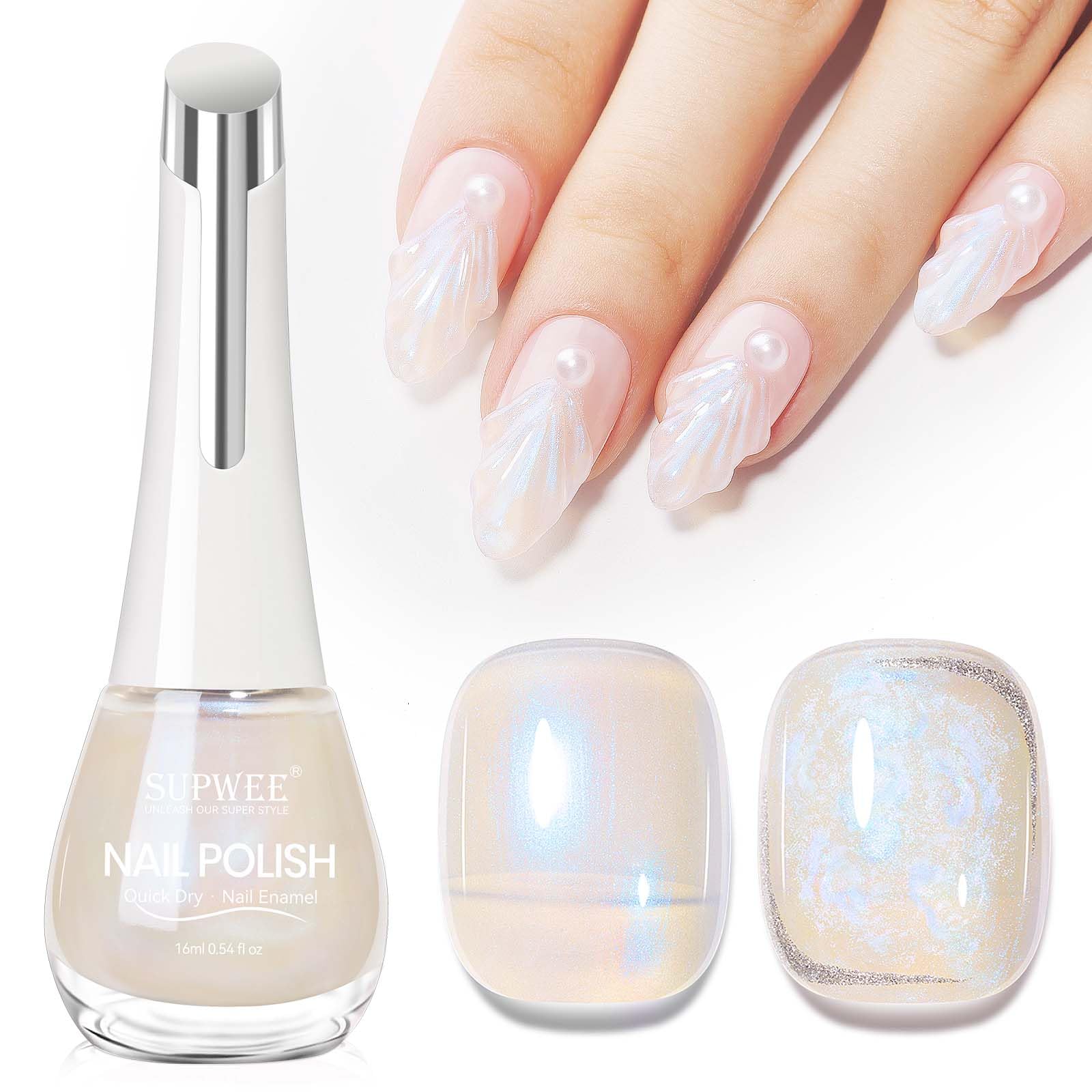 SUPWEEBlue Mermaid Pearl Nail Polish, Quick Dry Nail Lacquer Iridescent Nail Polish High Glossy Shimmer Nail Polish Aurora Effect for Fingernail and Toenail Air Dry Fast Home Manicure DIY