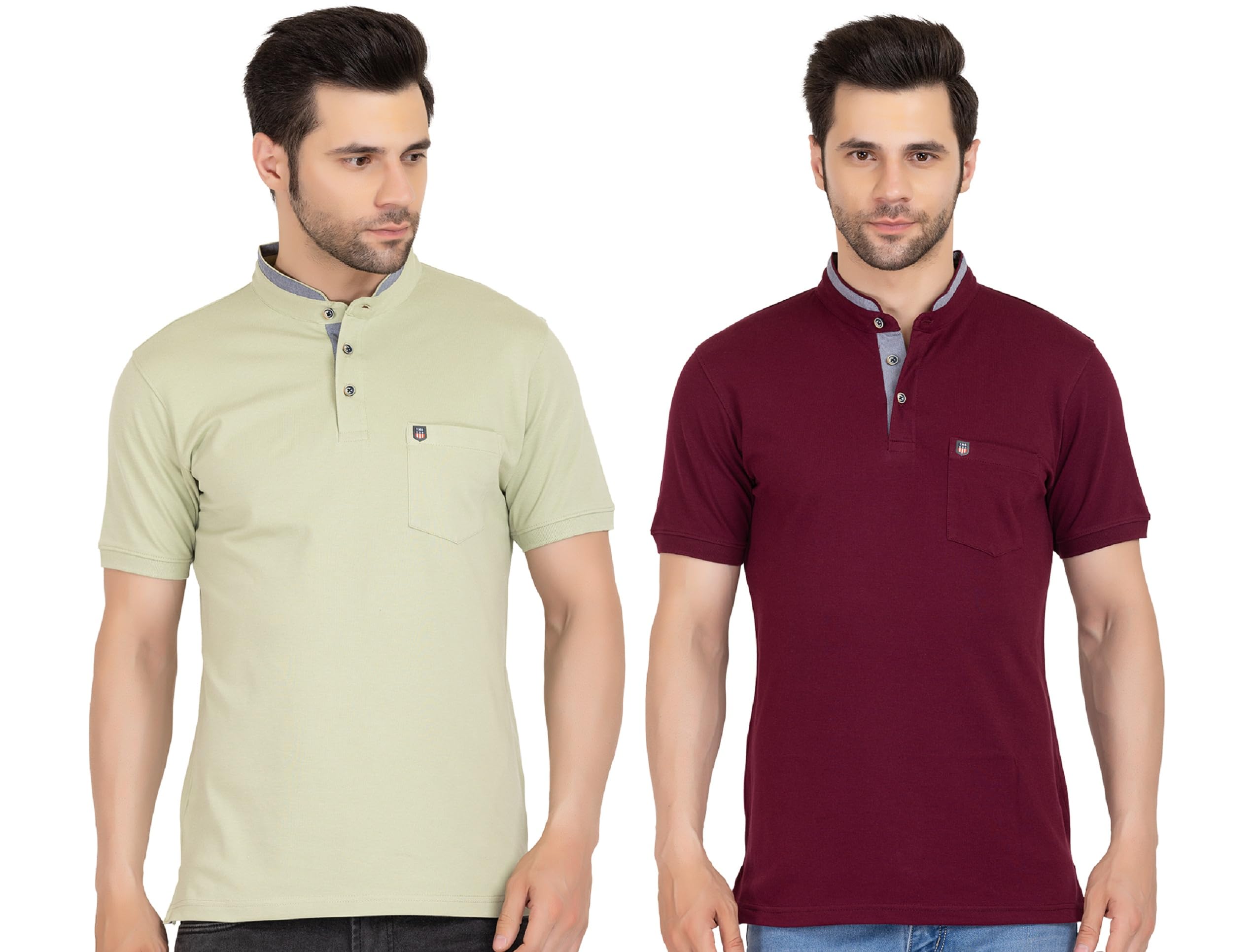 TMO TIME MYSTIC OPTION Men's Combo Pack of-2 Solid Colour Regular Fit Mandarin Collar Neck Half Sleeves Poly Cotton Multicolour Tshirt with Pocket.