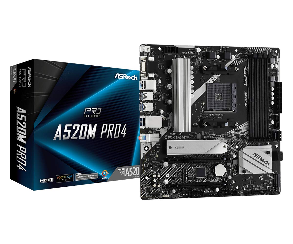 ASRockA520M Pro4 AMD Ryzen 3000/4000 Series (Soket AM4) Compatible with A520 Chipset, Micro ATX Motherboard [Domestic Authorized Dealer Product]