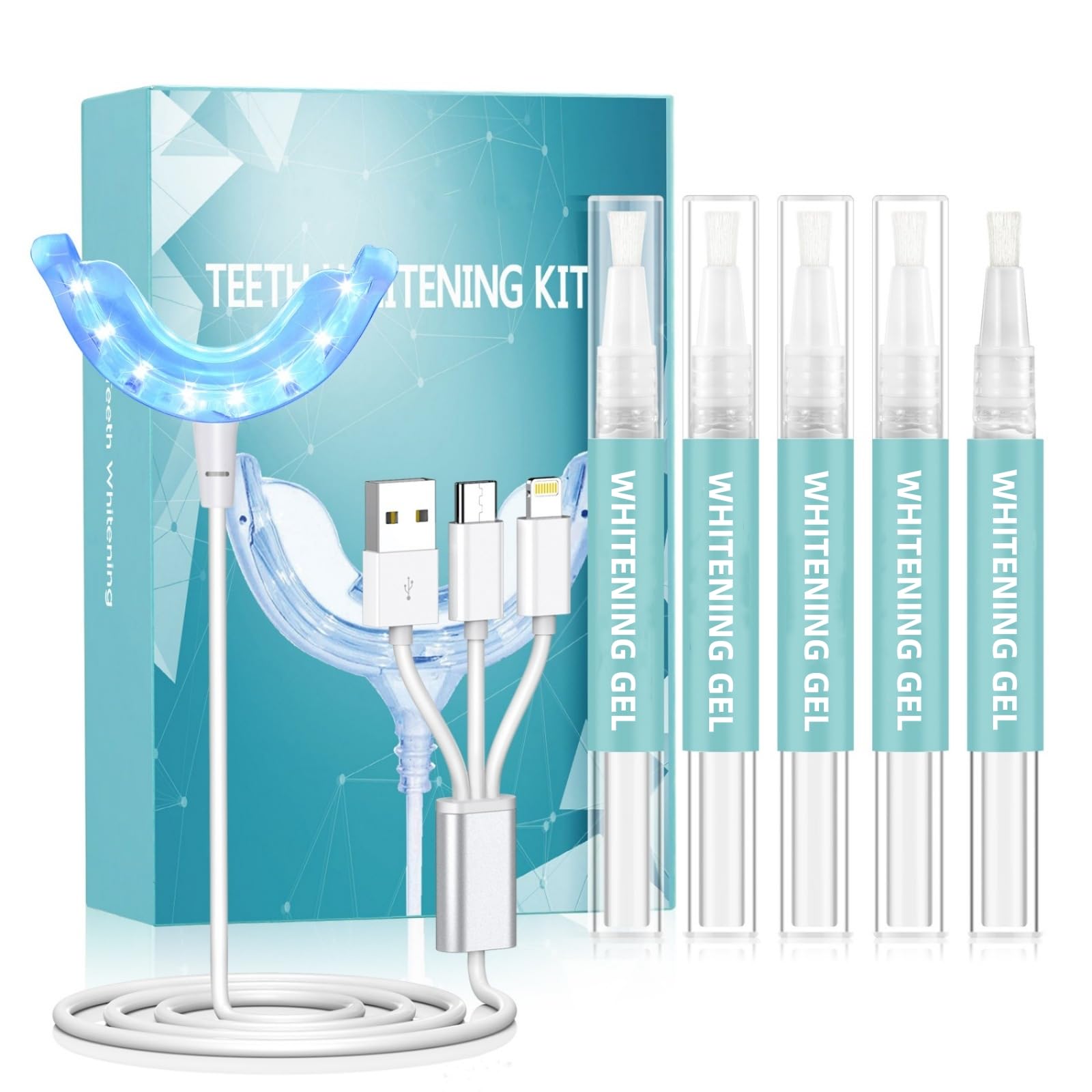 Riatanxi Teeth Whitening Kit Gel Light: 5×3ml Whitening Gel Pens 16X Blue LED Light Quickly Remove Dental Stains and Whiten Teeth Professional Home Care Bleaching System