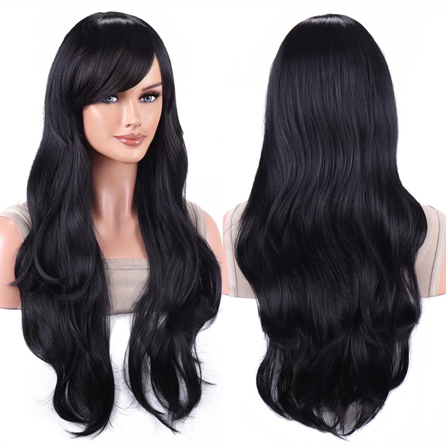 AneShe Wigs 28 Inch 70cm Long Curly Wavy Hair Wig Heat Resistant Cosplay Wig with Wig Cap (Black)