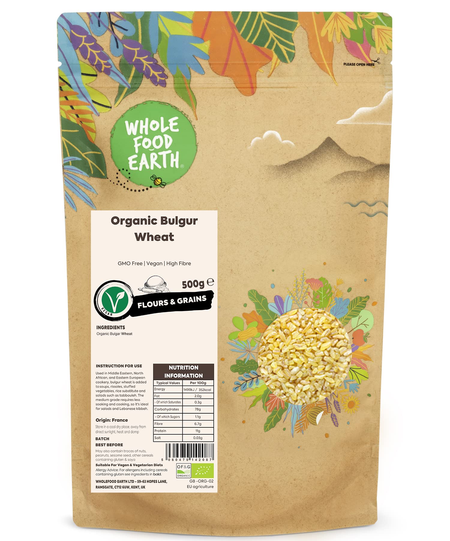 Wholefood EarthOrganic Bulgur Wheat – 500g | GMO Free | Vegan | High Fibre | Certified Organic