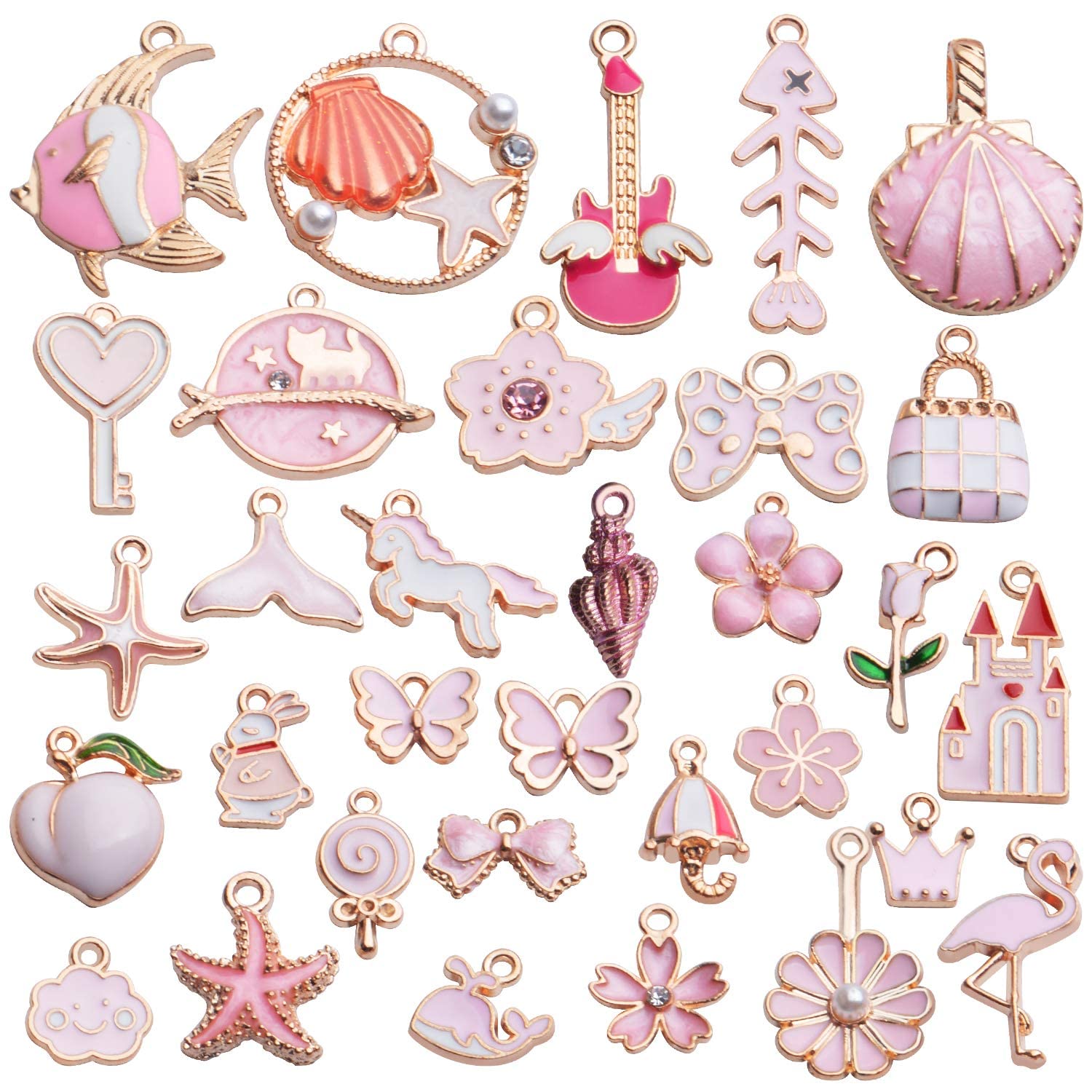 Street27® 1 Set 31pcs DIY Mixed Assorted Gold Plated Enamel Charm Unicorn Flower Dress Fish Shell Moon Star Animals Pendant DIY for Necklace Bracelet Jewelry Making and Crafting Charms (Pink)