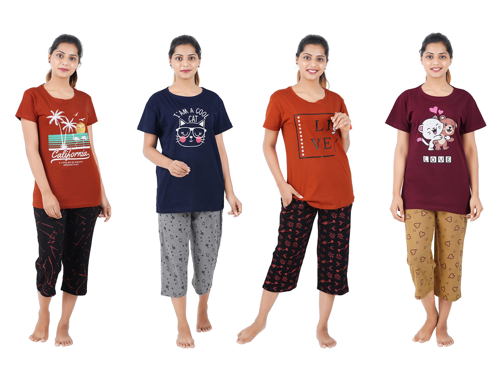 Buy That Trendz Women's Cotton Printed Top & All Over Print Capri Pyjama Set/Pajama Night Suit Set/Sleepwear Set/Loungewear Set California Rust Woke Up Black Dreams Red Different TomatoRedCombo