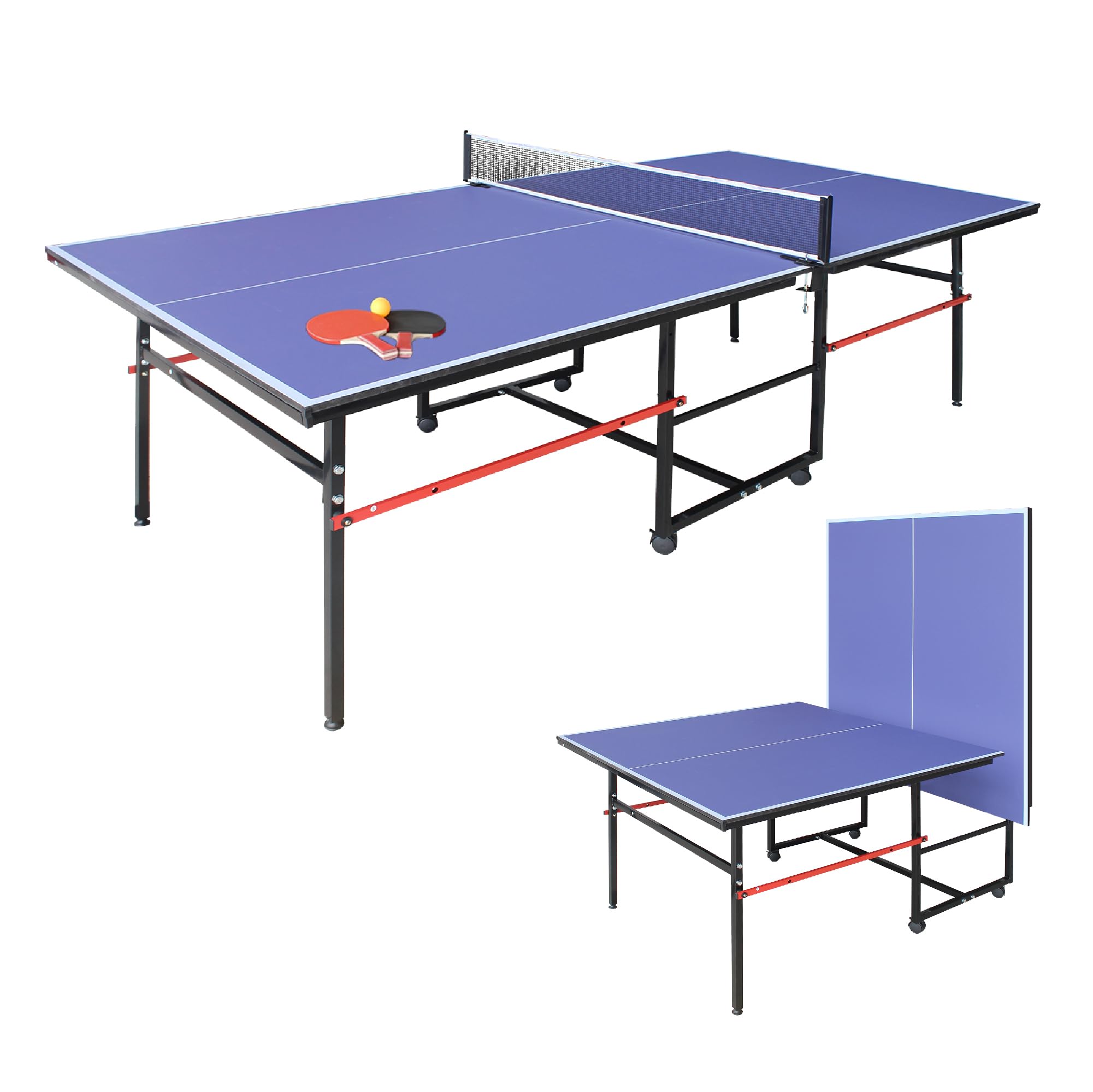 Table Tennis Table, 8FT/9FT Portable Mid-Size Ping Pong Table for Family Game Rooms, Professional MDF Indoor Table Tennis Table w/Net, 2 Paddles, 3 Balls,Foldable for Easy Storage