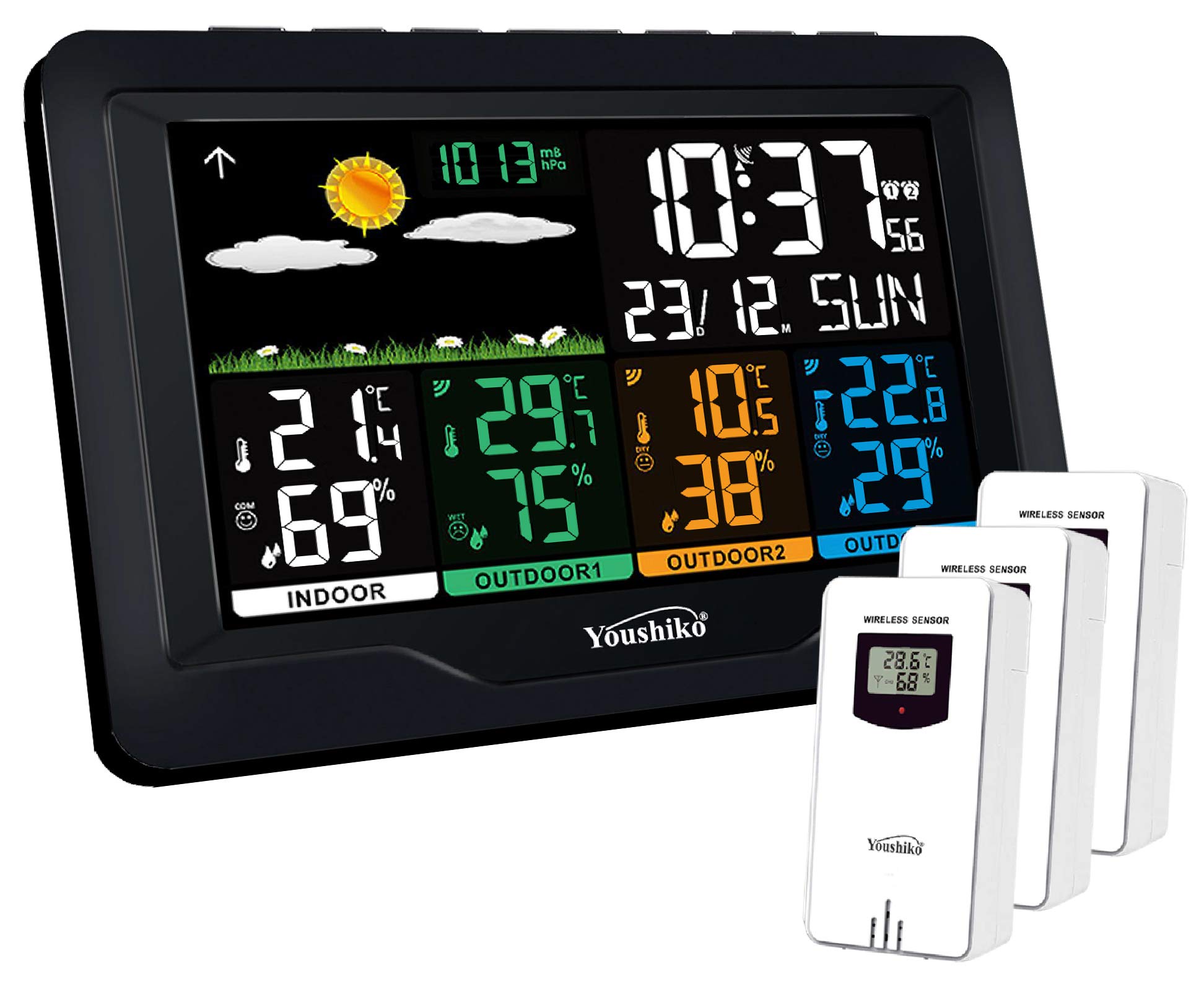 YoushikoYC9443 (Official 2021 UK Version), with 3 Outdoor Wireless Sensors Weather Station, Radio Controlled Clock Indoor Outdoor Temperature Thermometer, Humidity, Barometric Pressure