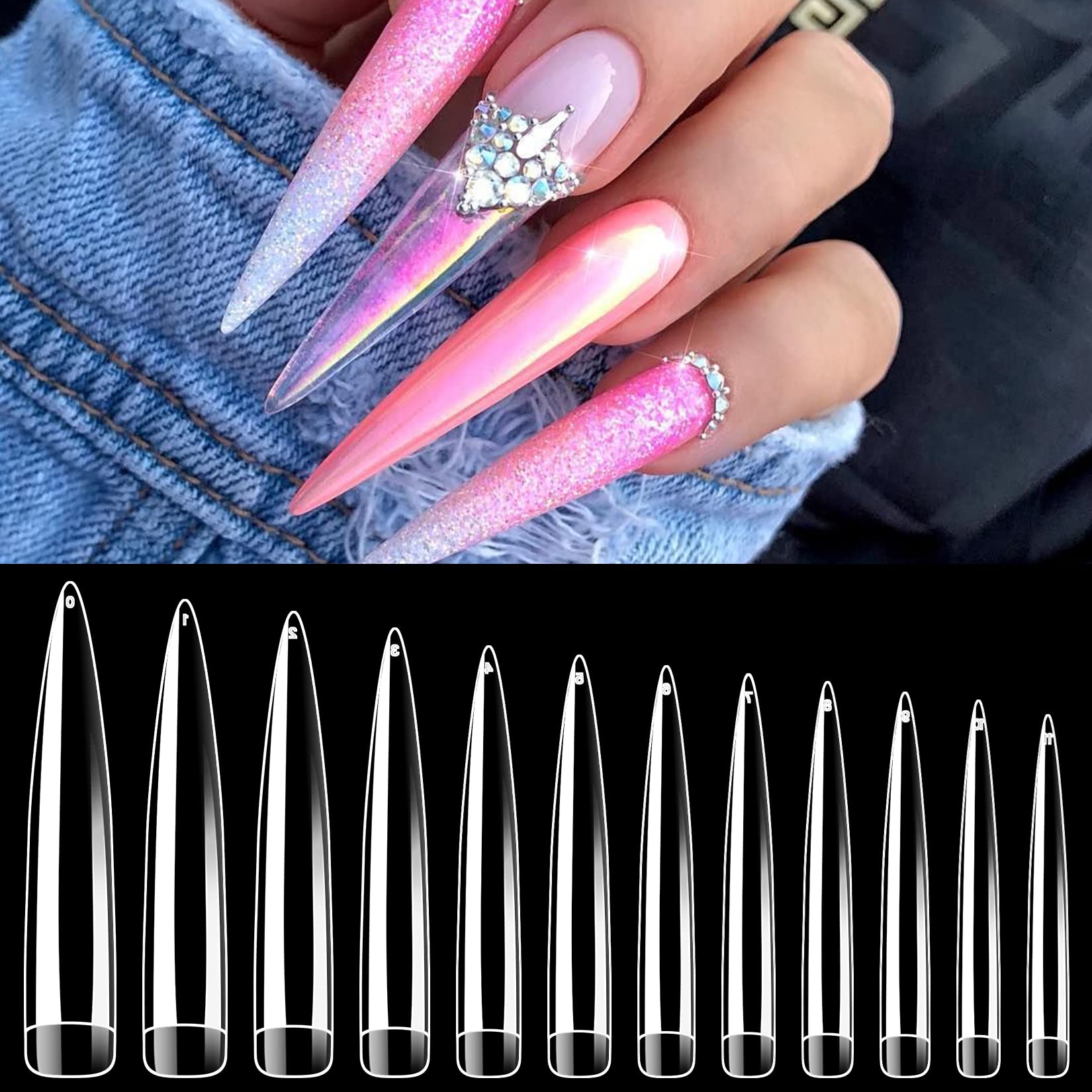 AORAEM Stiletto False Nail Clear Extra Long Sharp Nails Tips Art Tips 12 Sizes 120 Pcs Acrylic Fake Nail (Clear Long Nail)