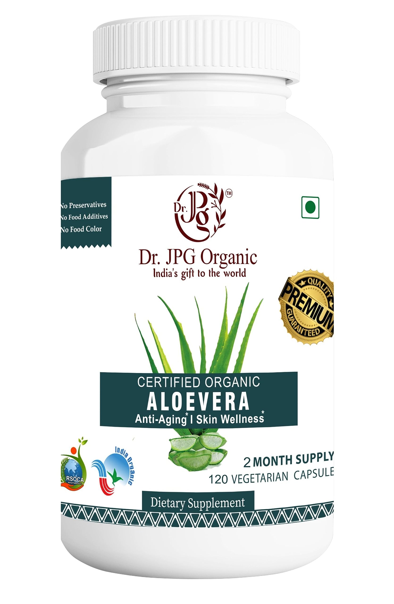 Dr. JPG Organic Aloevera Capsules 120 Veg Capsules/Helps Rejuvinate Skin and Hair/INDIA ORGANIC Certified