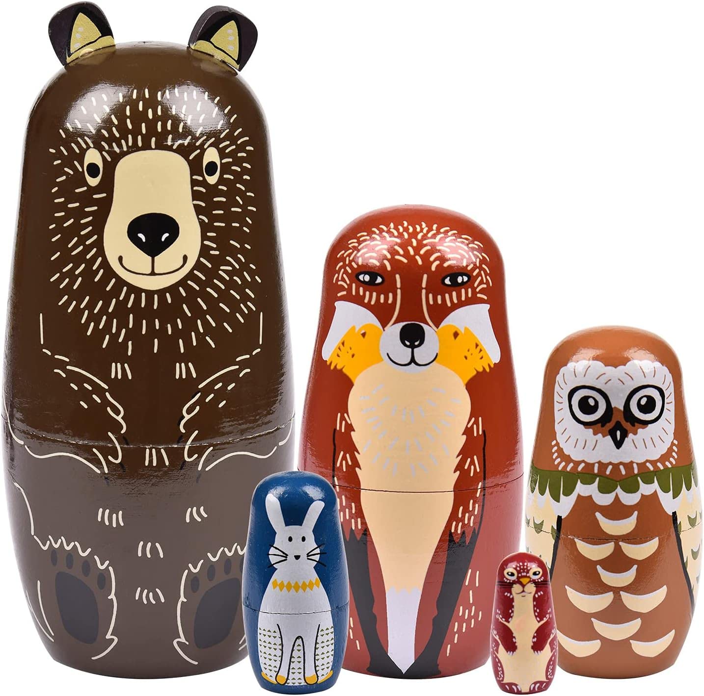 Maxshop 5 Pieces 6" Tall Cute Nesting Dolls - Matryoshka Doll Handmade Wooden Dolls Cartoon Animals Pattern Toy Gift Small Items (Brown)