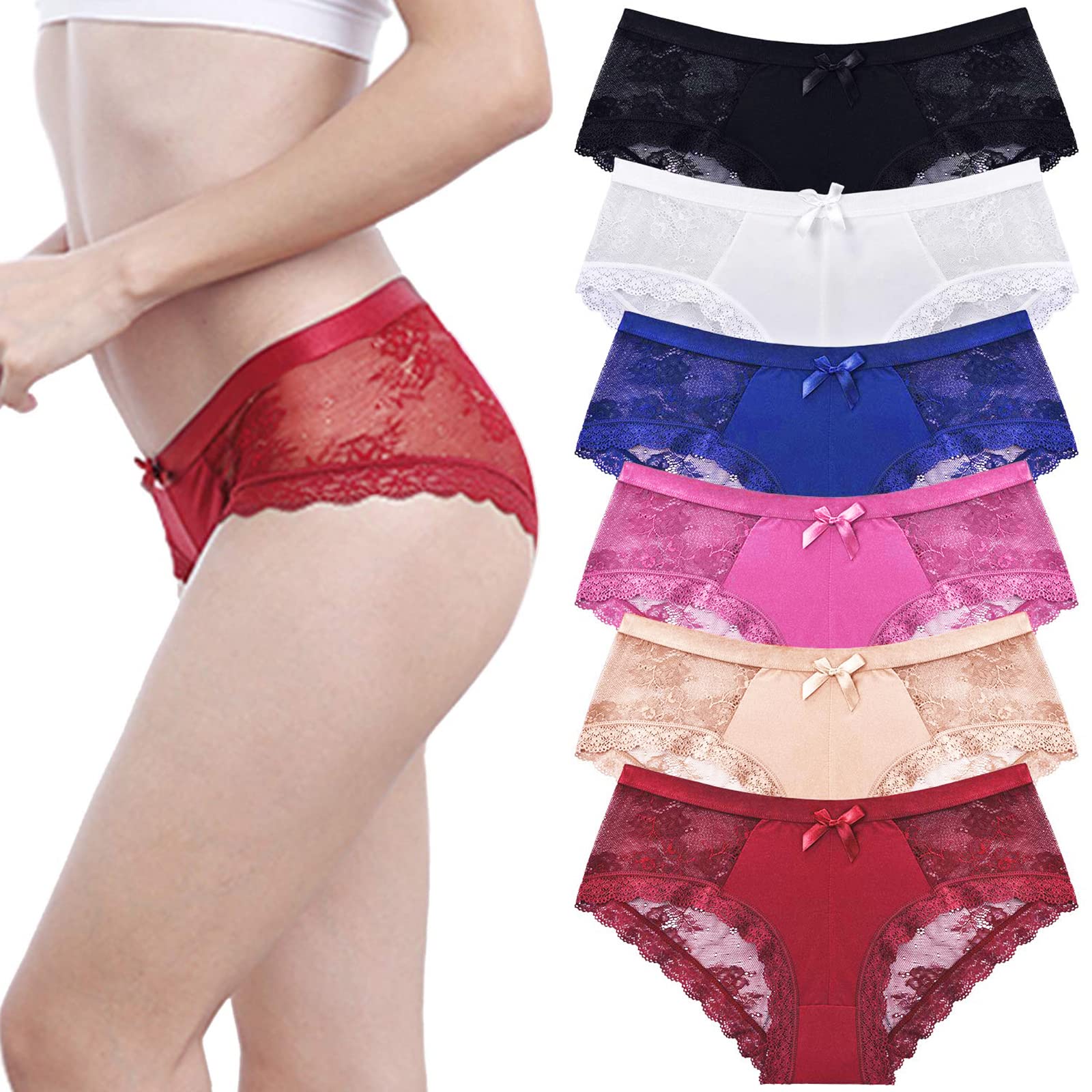 Sunm BoutiquePack of 6 Women Lace Panties Ultra Soft Lace Bikini Underwear Knickers Sexy Silk Hipster