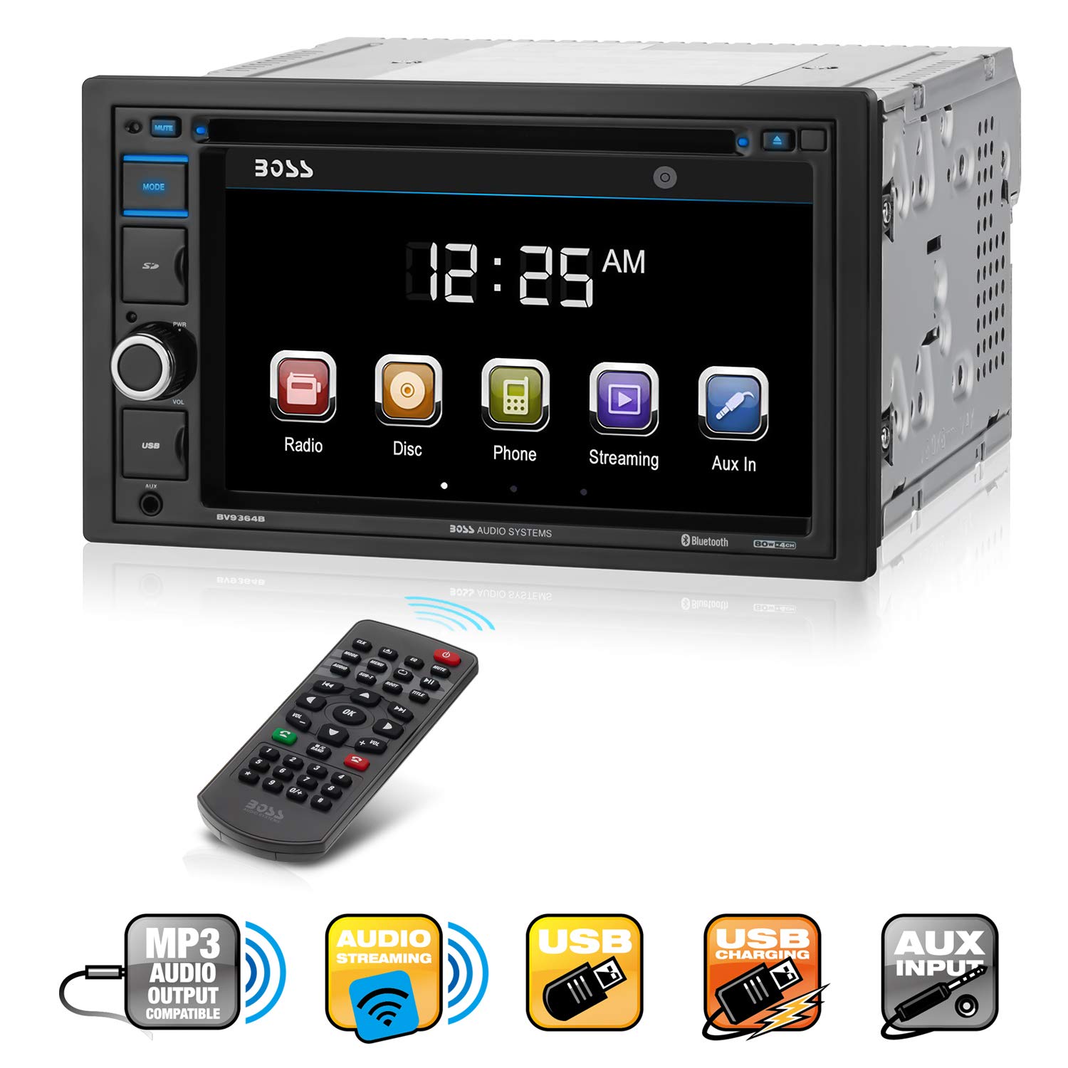 BOSS Audio BV9364B Double Din, 6.2 Inch Digital LCD Monitor, Touchscreen, DVD/CD/MP3/USB/SD AM/FM, Bluetooth, Wireless Remote