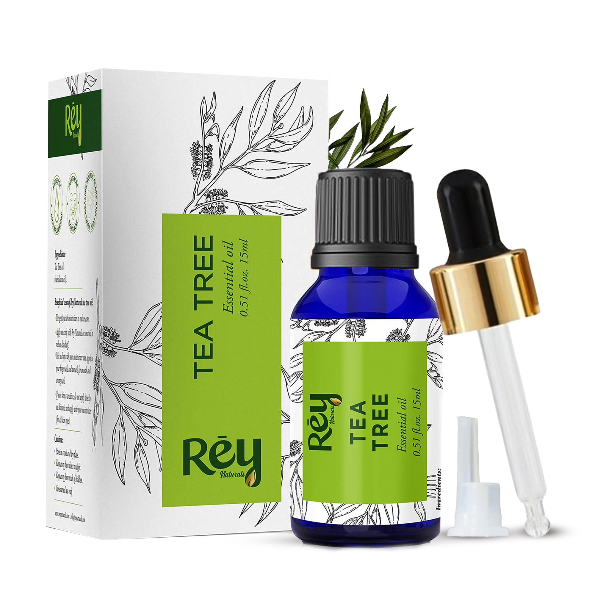 Rey Naturals Pure Tea Tree Essential Oil | Tea Tree Oil For For Hair | Tea Tree Oil for face | Tea Tree oil for skin | Suitable For All Skin & Hair Types - 15ml