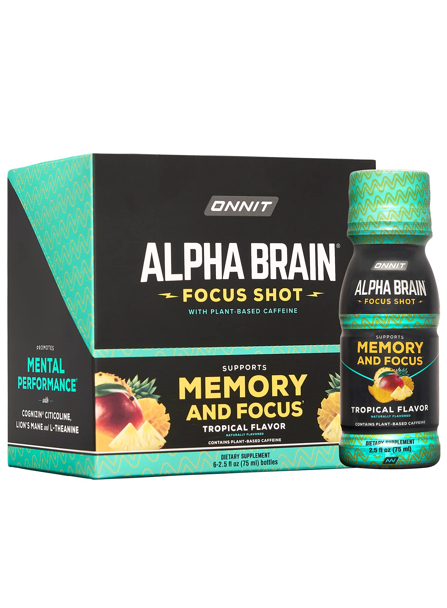 ONNITAlpha BRAIN Focus Energy Shot Supplement - Energy, Focus, Mood, Stress, Brain Booster Drink - Tropical (2.5 fl oz, 6 ct)