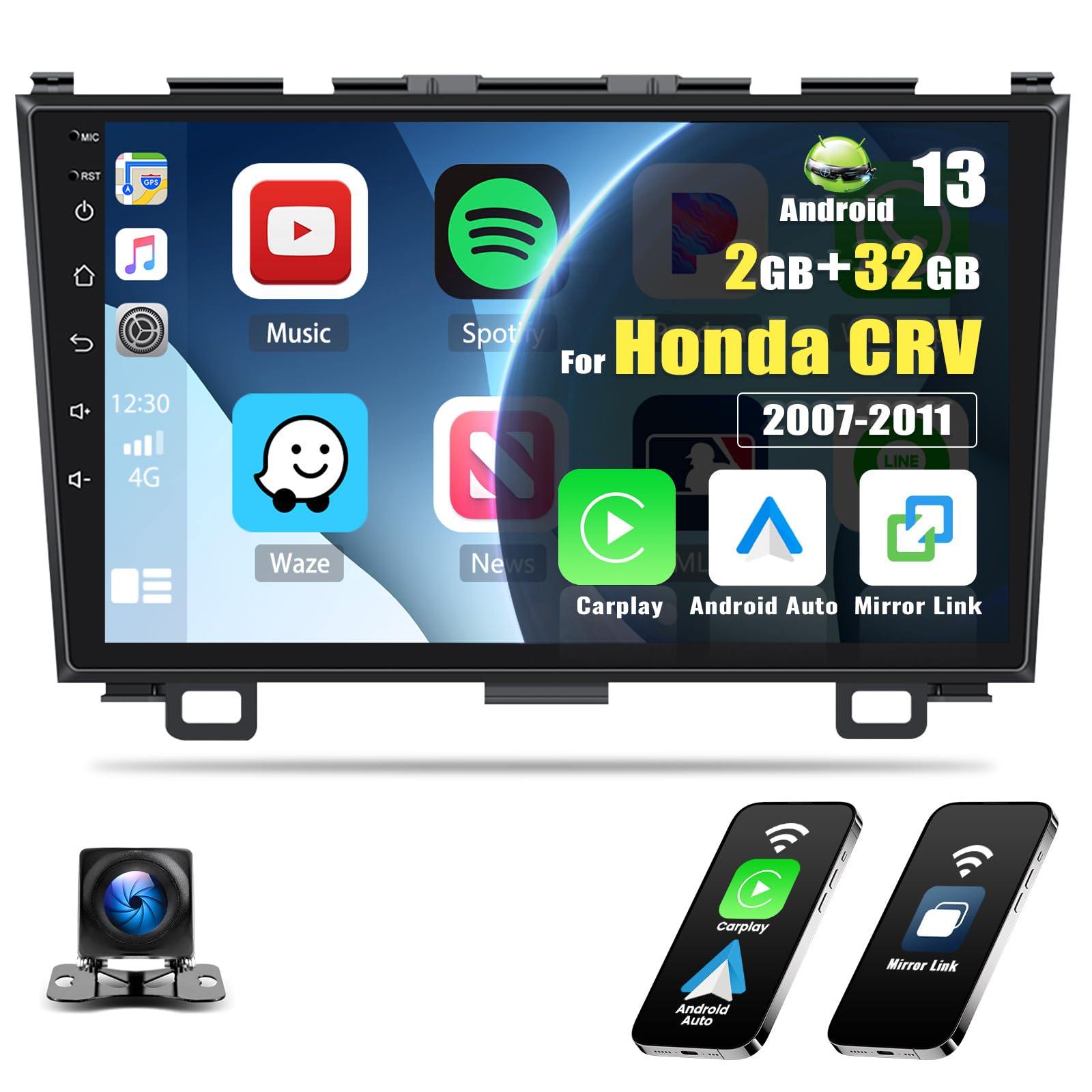 [2+32G] Android 13 Car Stereo for Honda CRV 2007-2011 with Apple Carplay&Android Auto,9 Inch Car Radio with Mirror Link Bluetooth FM/RDS WiFi GPS Navigation SWC Dual USB+AHD Backup Camera