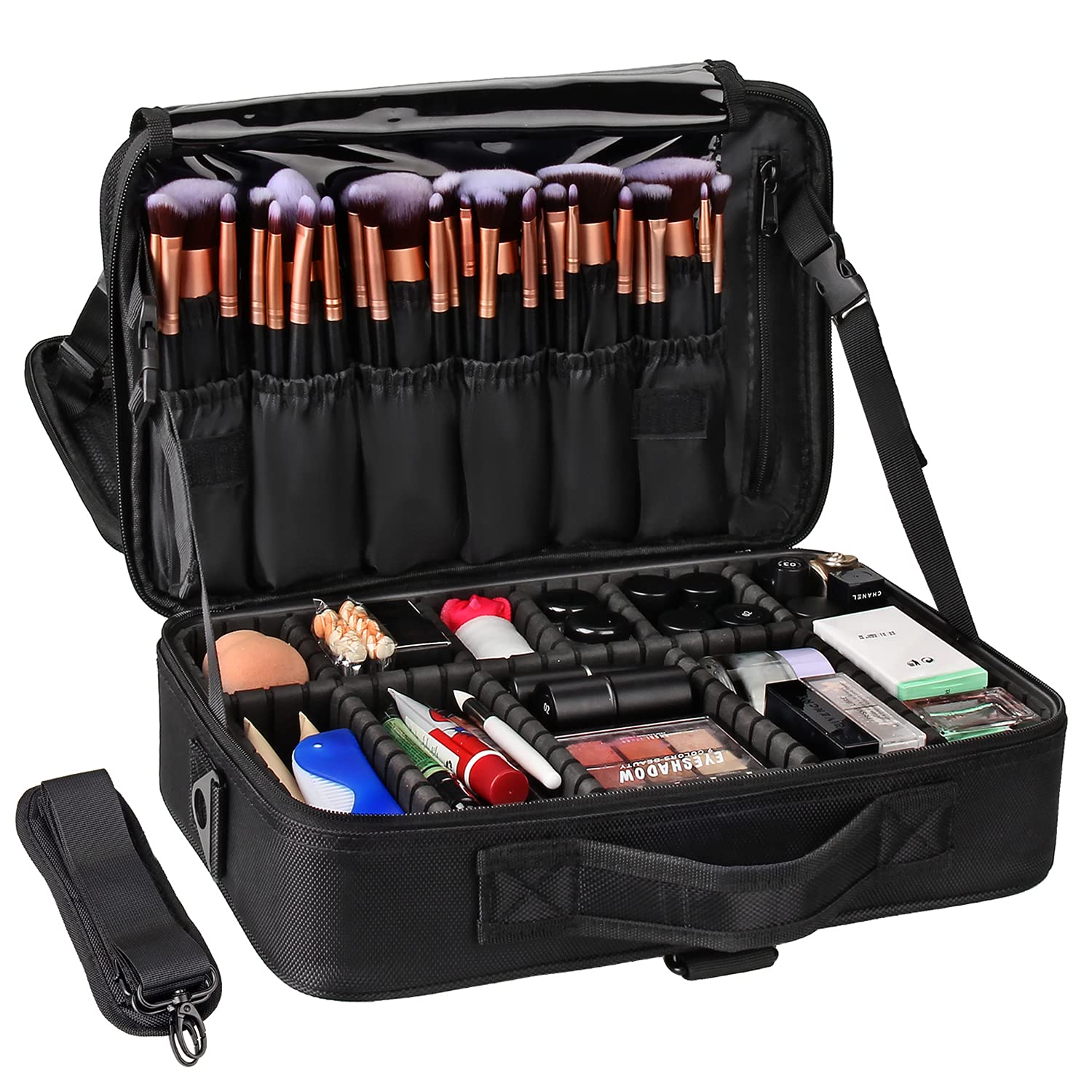 Makeup Case,Chomeiu 2 Layer Makeup Bag for Travel,Portable Cosmetics Organizer Train Case with Adjustable Dividers and Shoulder Strap