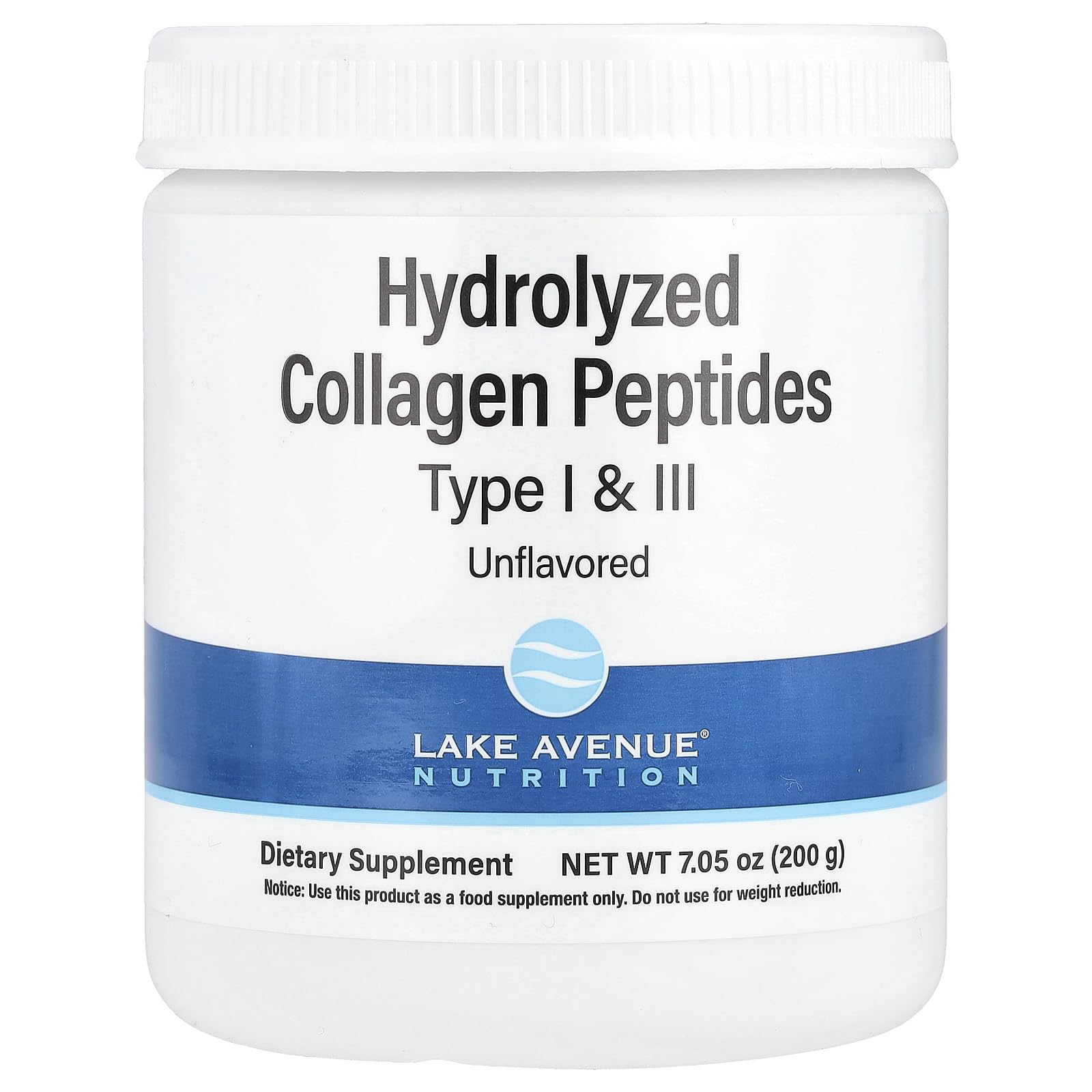 Lake Avenue Nutrition Hydrolyzed Collagen Peptides, Type I & III, Unflavored, 7.05 oz (200 g)