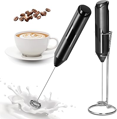 YSSOA Electric Milk Frother Handheld with Stainless Steel Stand Battery Operated Whisk Drink Mixer for Coffee, Frappe, Latte, Matcha, Hot Chocolate, Black (2 Pack, Black)