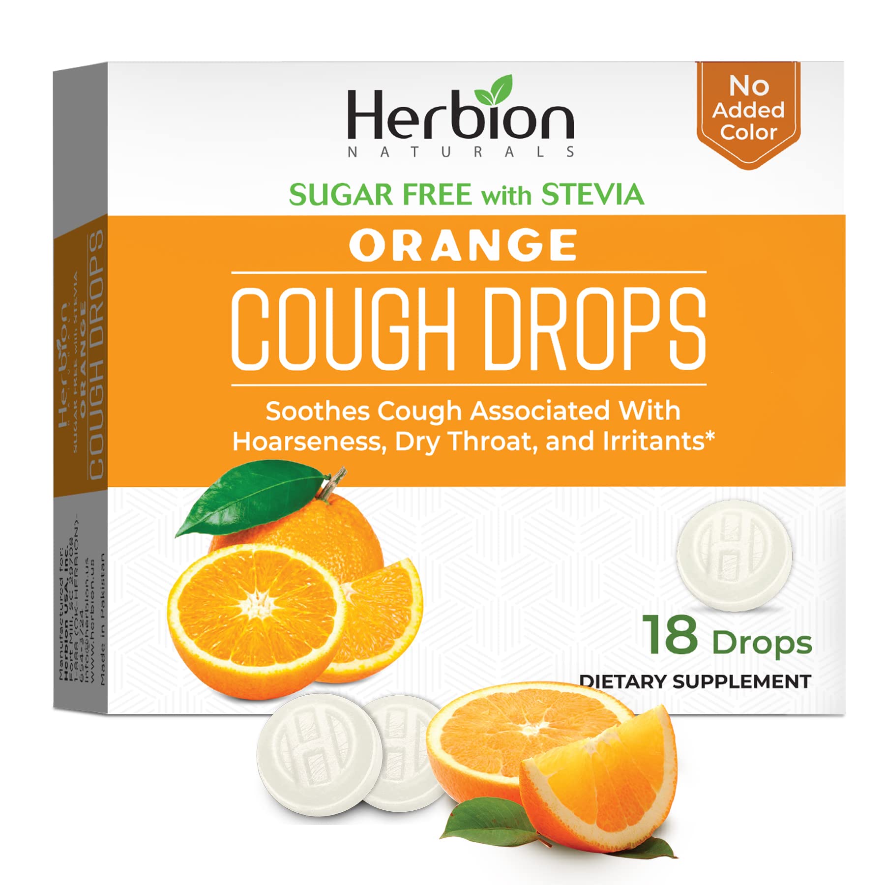 Herbion NaturalsCough Drops with Orange Flavor, Sugar-Free with Stevia, Soothes Cough, for Adults and Children Over 6 Years, 18 Drops