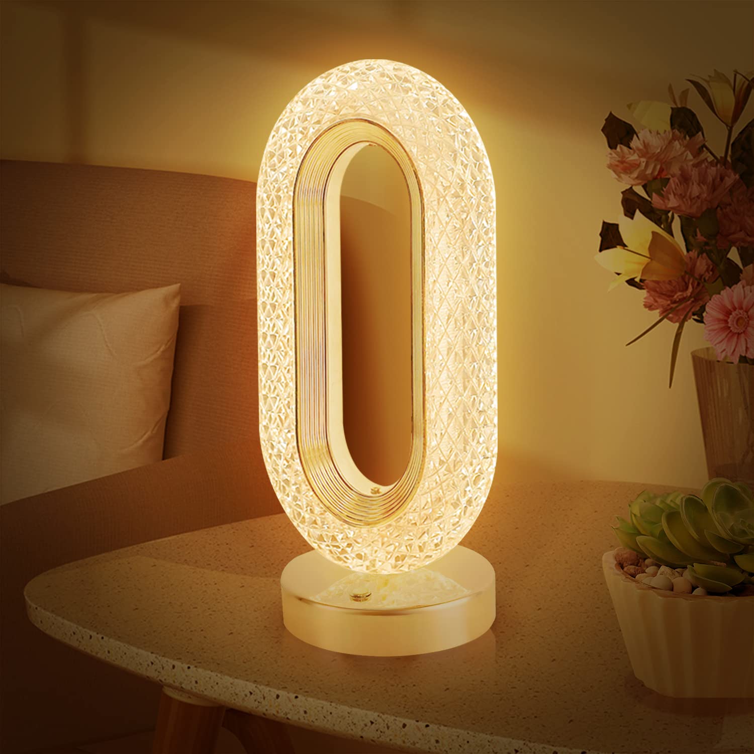 sirsco USB Crystal Table Lamp, Touch Control LED Light with 3 Levels Brightness Rechargeable Small Lamp Room Decor Night Light for Bedroom, Living, Home Office, Desk Decorations, Gift (Gold)