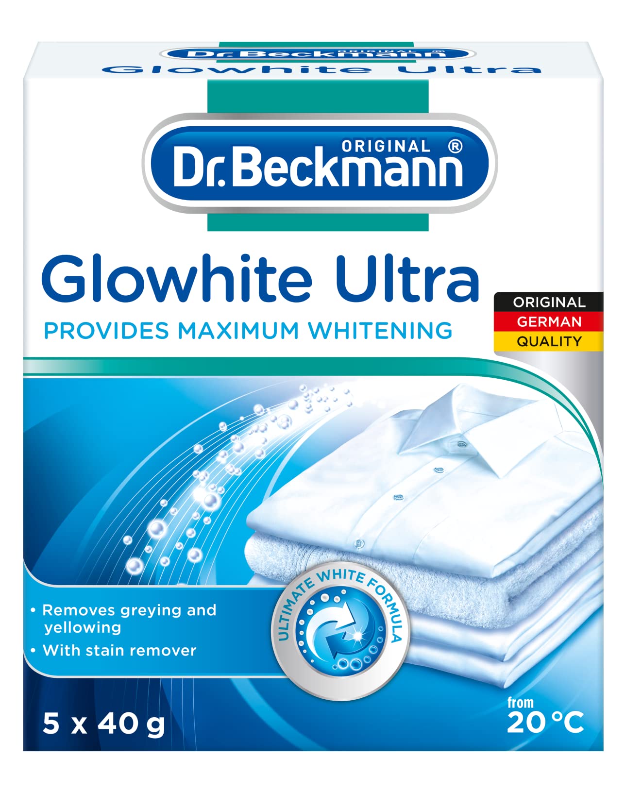 Dr. Beckmann Glowhite Ultra Fabric Whitener with Stain Remover for Clothes 5x40g (200g) | Removes Grey Discoloration, Combats Yellowing, Getting White Laundry Whiter