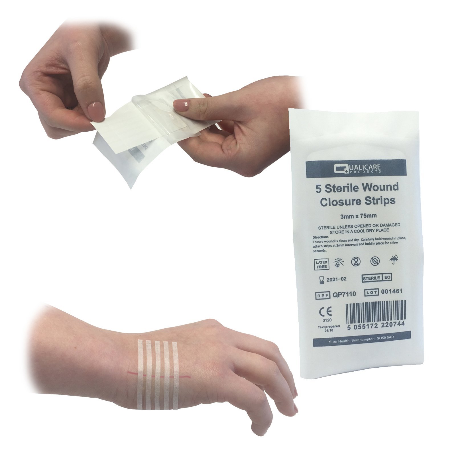 125 STRIPS (25 PACKS) OF QUALICARE 3MM X 75MM ADHESIVE HYPO-ALLERGENIC STERILE SKIN SUTURES STITCH WOUND CLOSURE STRIPS