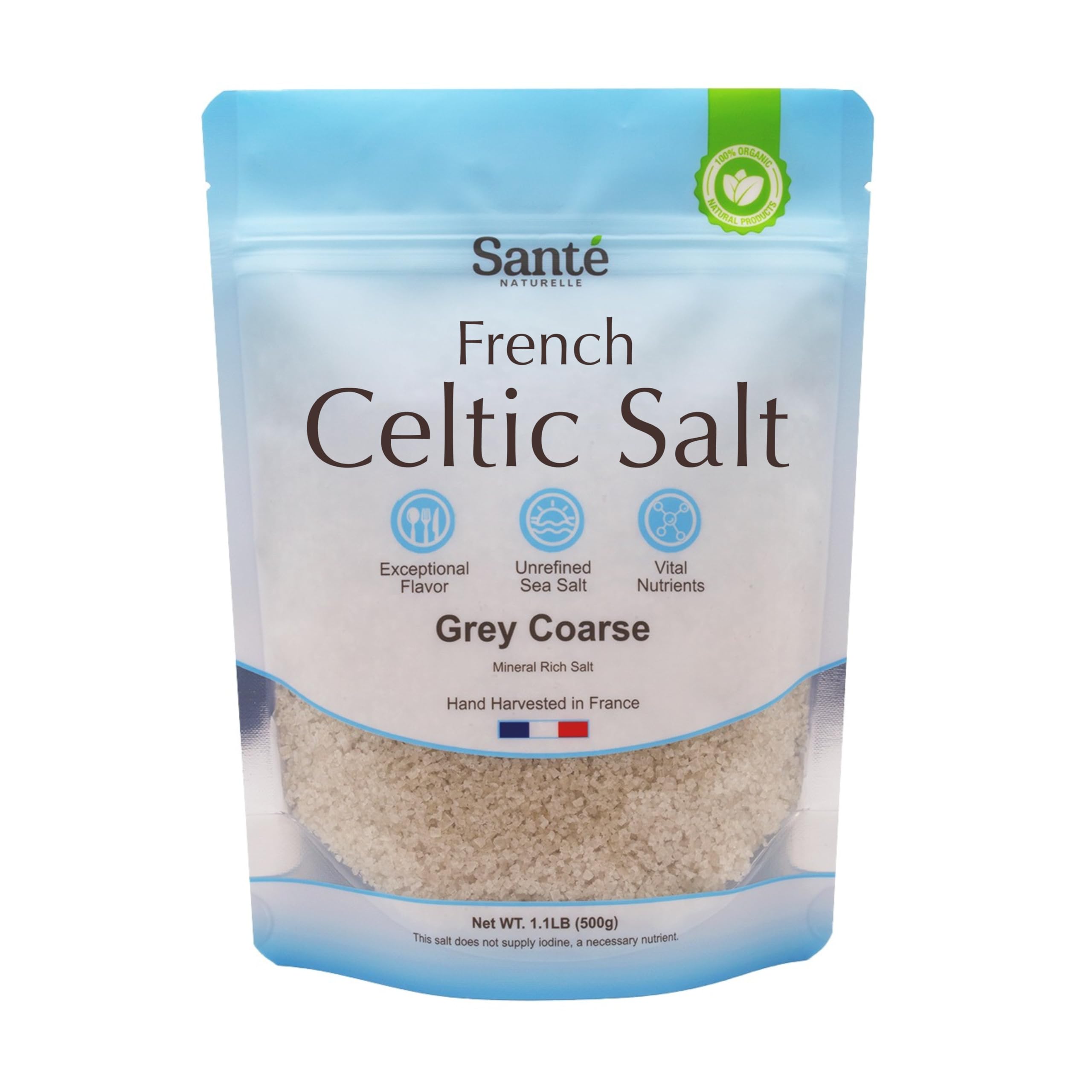 Sante Grey Coarse Sea Salt From the Celtic Sea - 1.1lb (18oz) Unrefined French Sea Salt Organic, Rich in 82+ Minerals Salt, 100% Natural & Hand Harvested