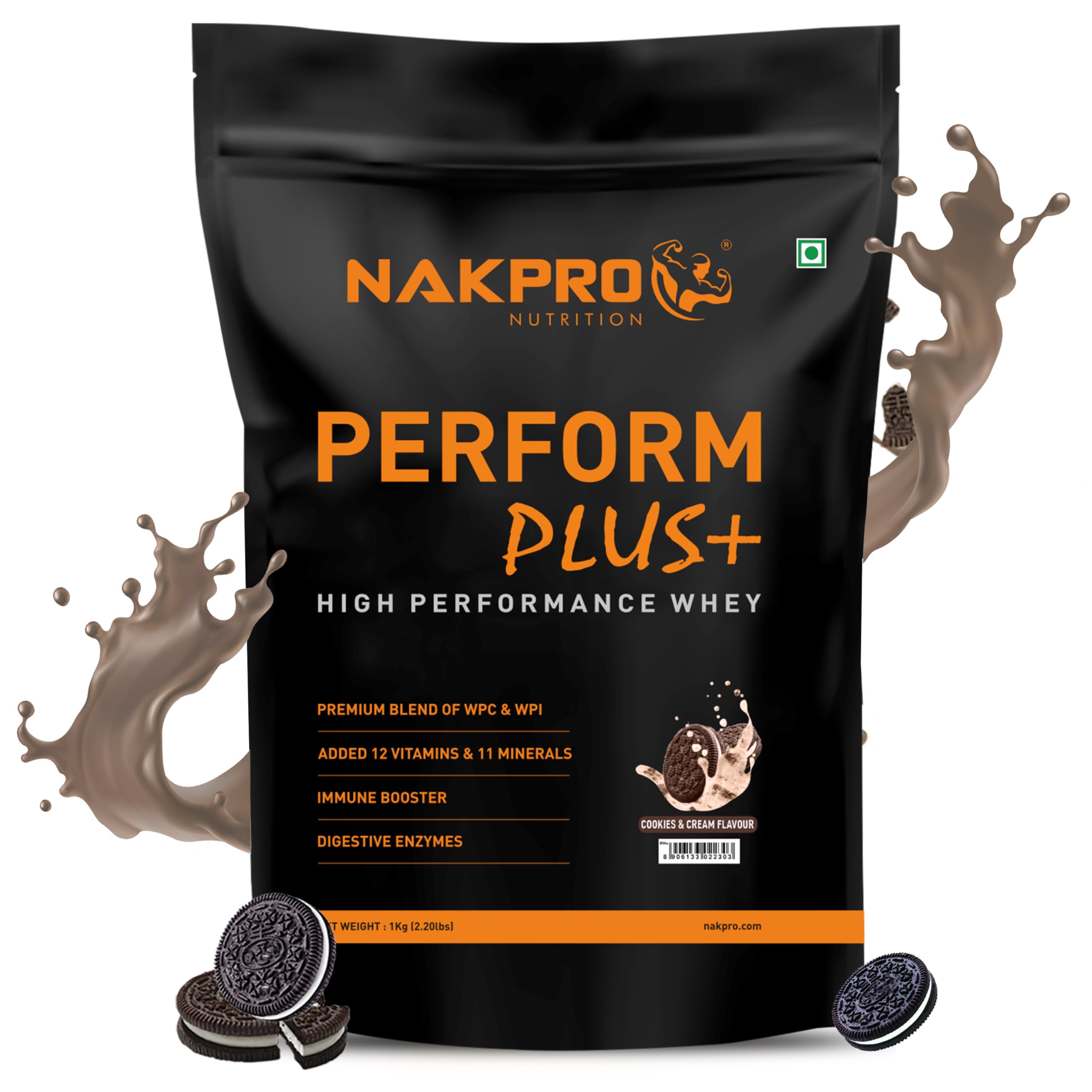 NAKPRO Perform Plus+ Whey Protein Concentrate with Digestive Enzymes | 24g Protein, 5.7g BCAA | Easy Mixing, Easy Digesting (1 Kg, Cookies & Cream)