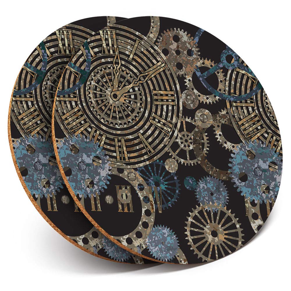 2 x Round Coasters - Steampunk Gears Pattern Clockwork - Cork Backed Home Kitchen Accessory Tea Coffee Mug Mat #24259