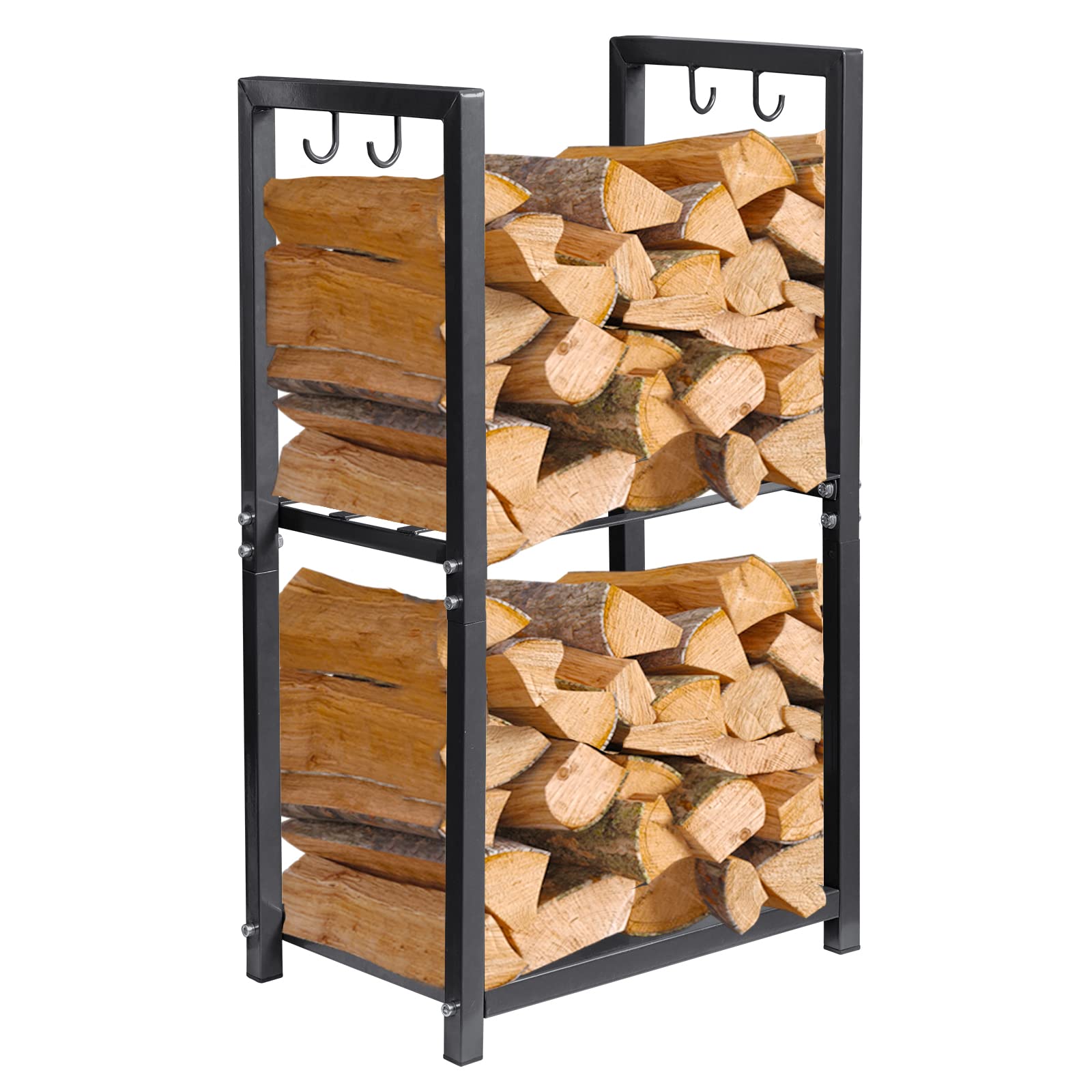 NALONEFirewood Rack Indoor, Small Outdoor Firewood Log Storage Rack, 2-Tier Wood Holder with 4 Hooks, Firewood Stand for Indoor Fireplace, Outdoor Patio, Fire Pit, Stove