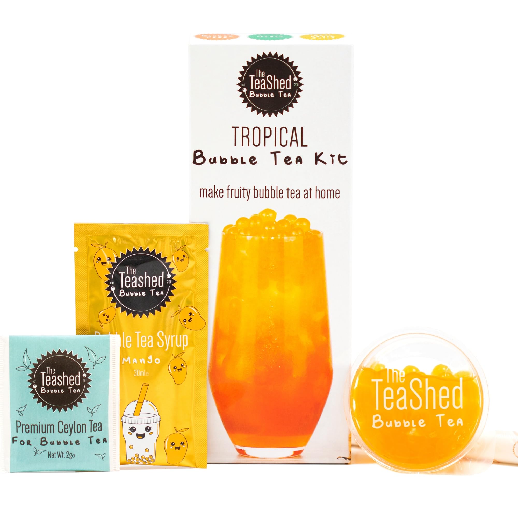 Tropical Bubble Tea Kit | Fruit Boba Tea Set Includes Mango Syrup, Passion Fruit Popping Boba, Tea Bag and Paper Straw | by THE TEASHED