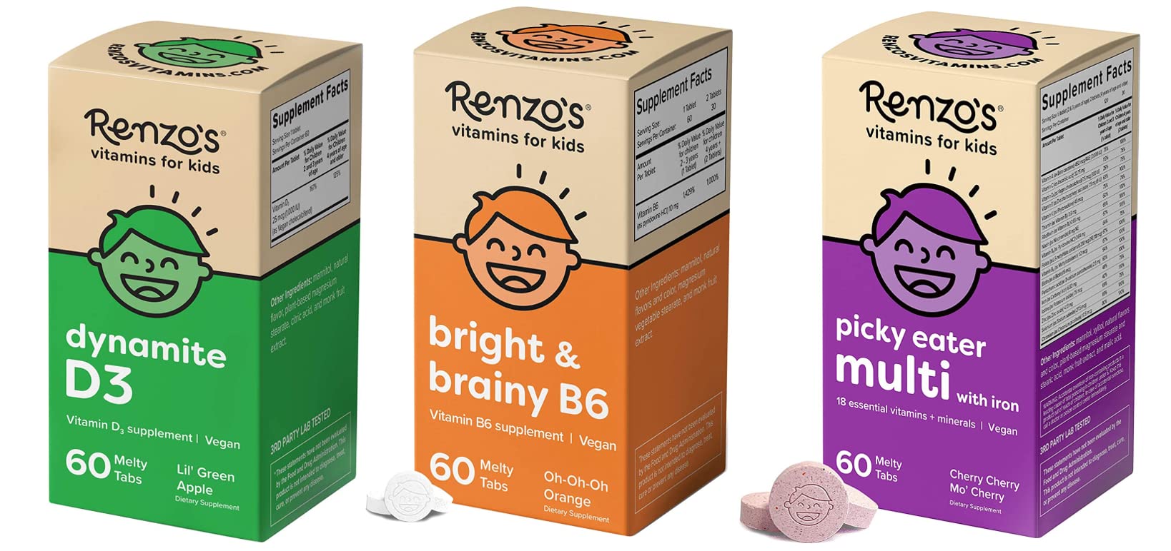 Renzo's Vitamins Adventurous Kid Bundle - Picky Eater Kids Multivitamin, Vitamin D3 for Kids, and Bright & Brainy Vitamin B6