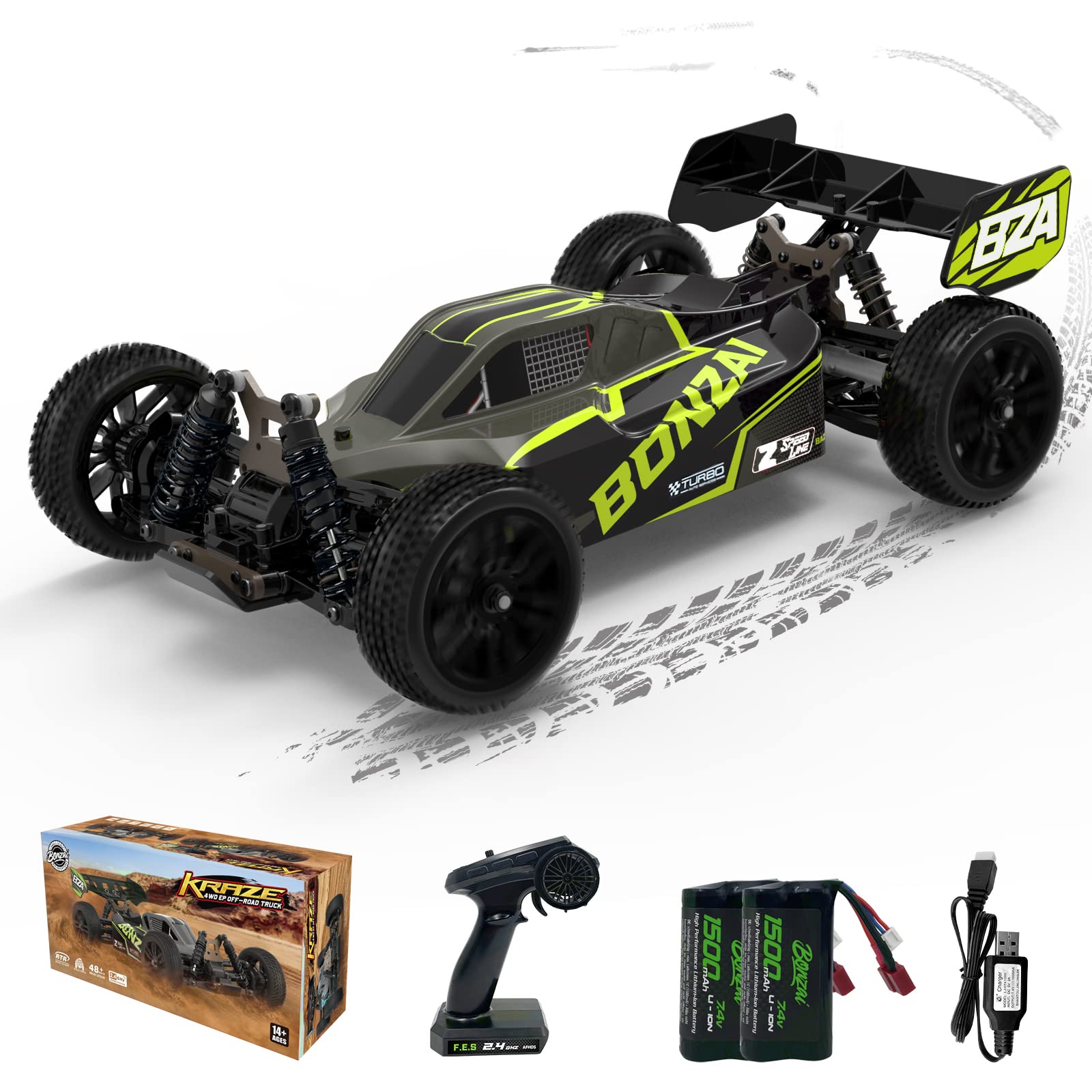 Remote Control Car 1/12 Hobby RC Buggy 2.4Ghz 4WD RTR Off-Road RC Drift Car for Adults High Speed Racing RC Cars with 2 Batteries Aluminum Alloy Shock Tower, Kraze (Yellow, 1/12)